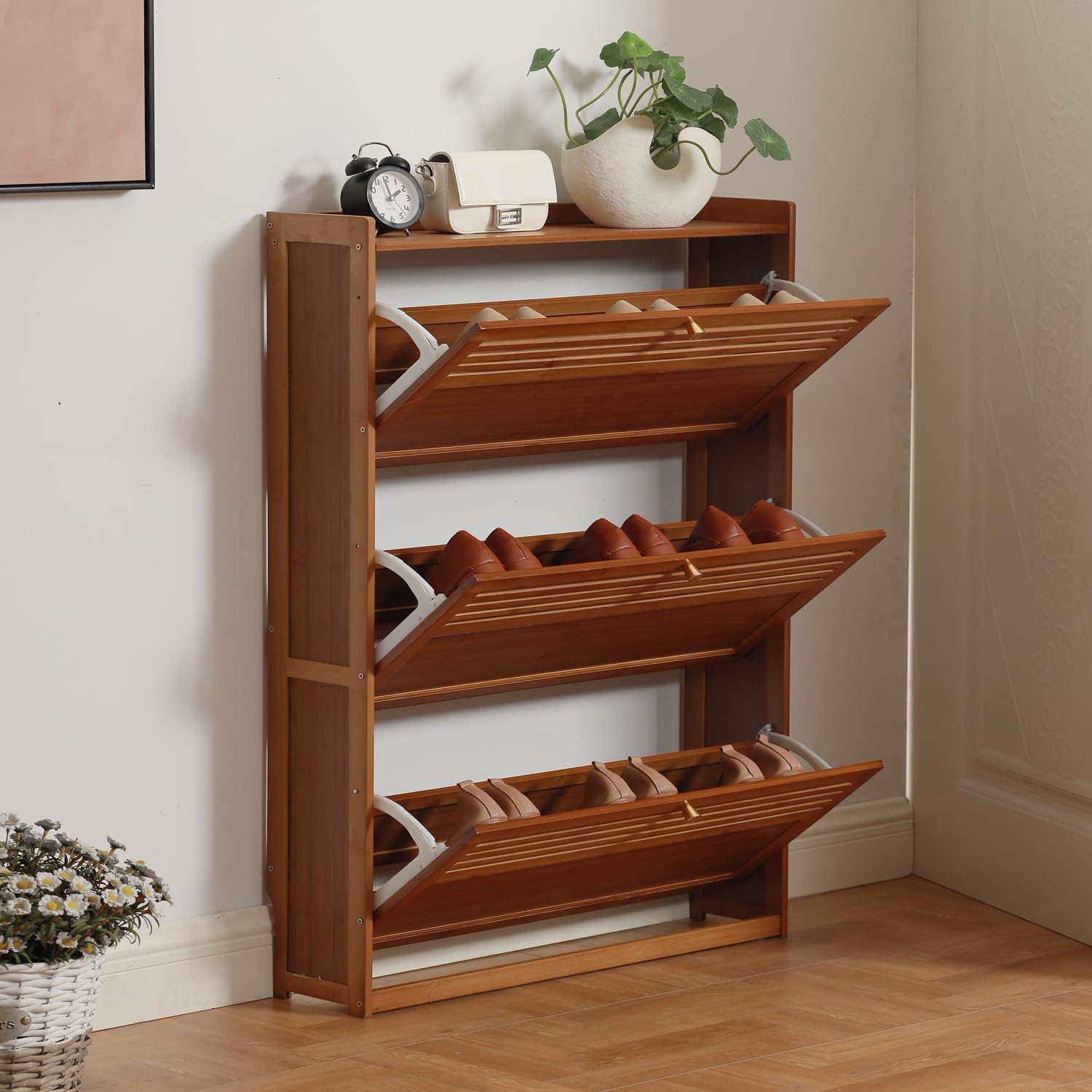 Latifolia 3-Tier Bamboo Shoe Storage Cabinet with Flip Drawers - Free Standing Shoe Organizer for Entryway, Hallway, Living Room (27.57