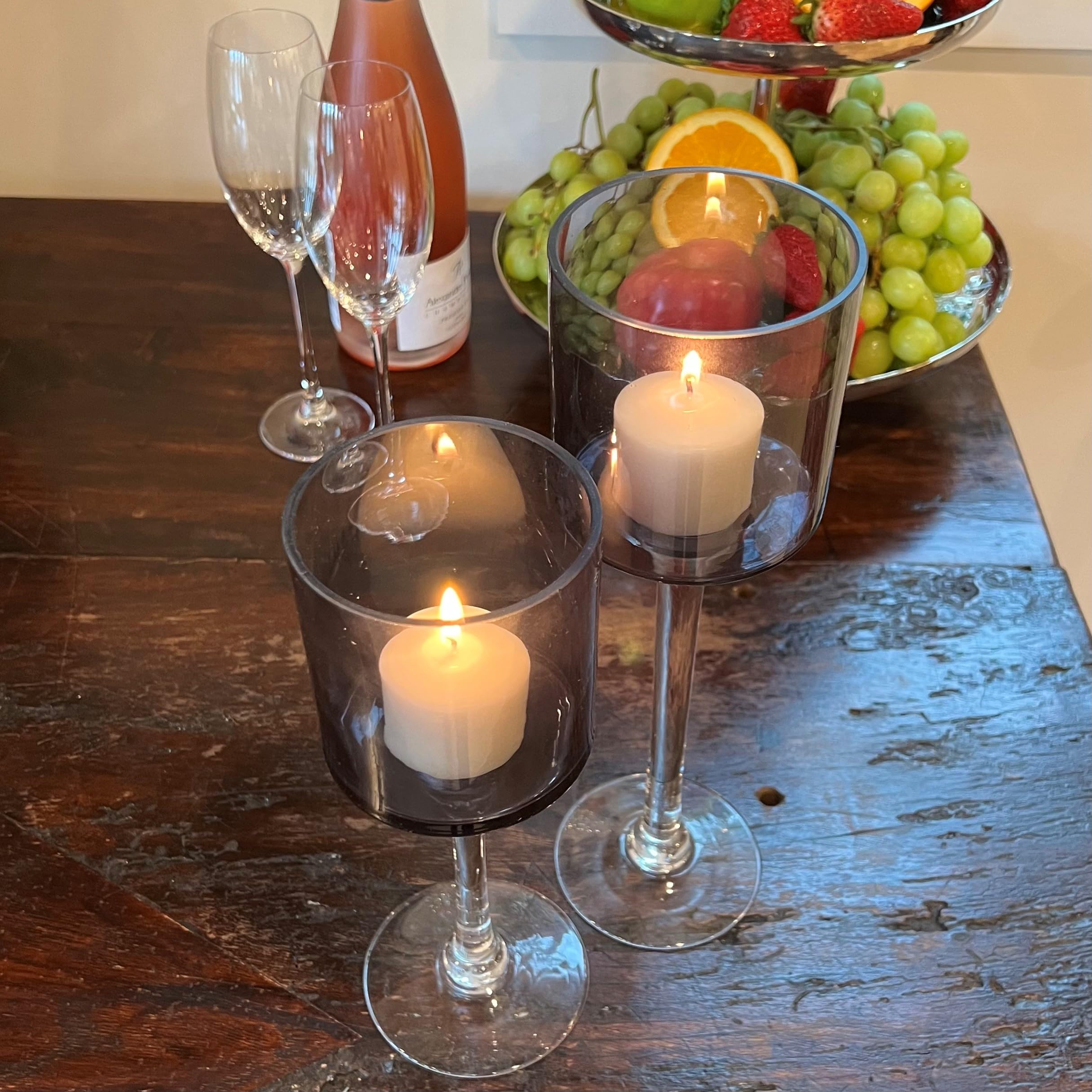 Elegant Glass Goblet Candle Holders Set of 2 - Grey Cups with Clear Stems, 9.75 & 11.75 Inch Lacquered Glass Votive & Tealight Candle Holders for Wedding Centerpieces, Romantic Dinner Decor, and Home Ambiance Lighting