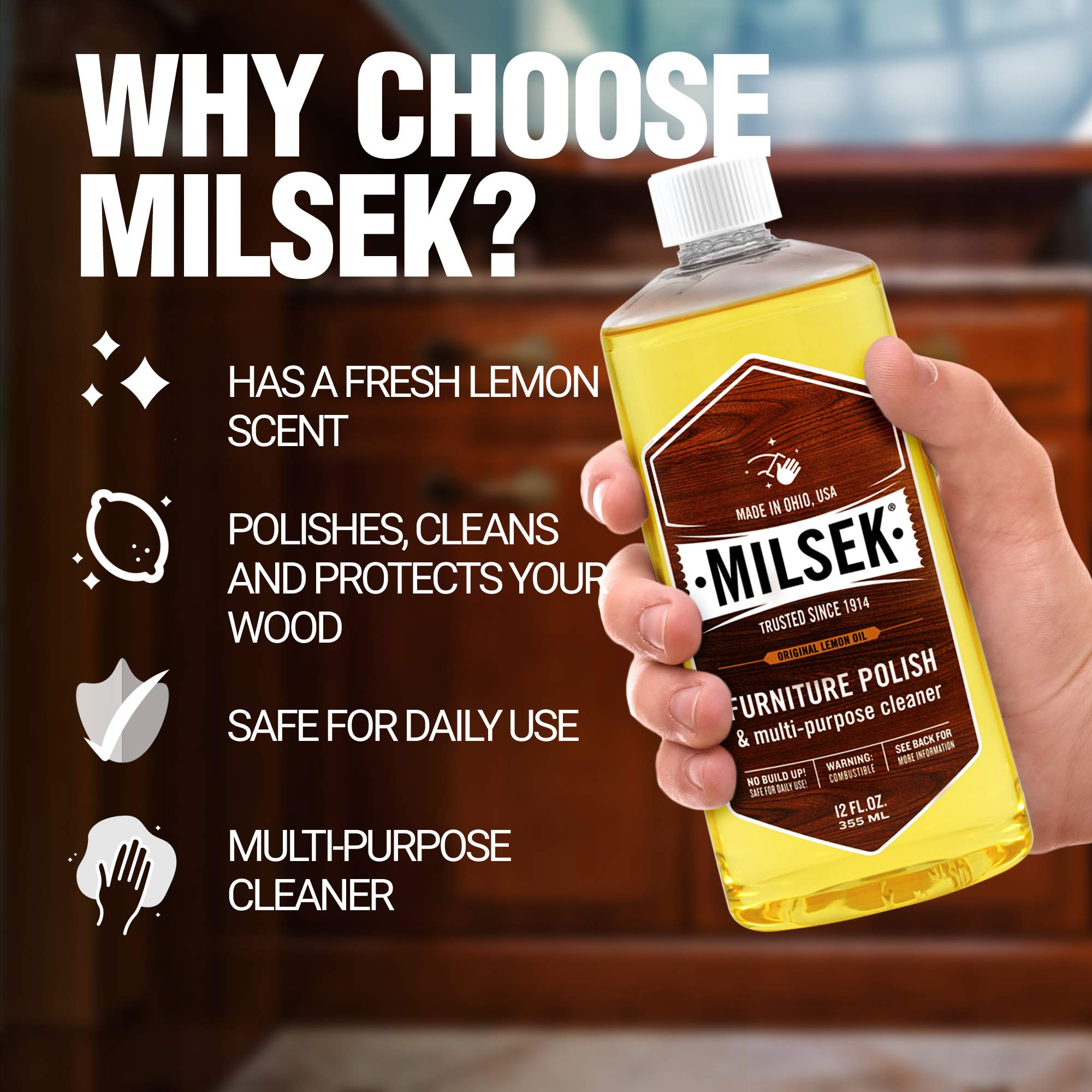 Milsek Lemon Oil Furniture Polish & Wood Cleaner - 12 Fl Oz (Pack of 16) - Safe for Hardwood Floors, Kitchen Cabinets, Tables & Antiques | Restores Shine & Protects Wood Surfaces | Ideal for Home Cleaning & Wood Care Maintenance