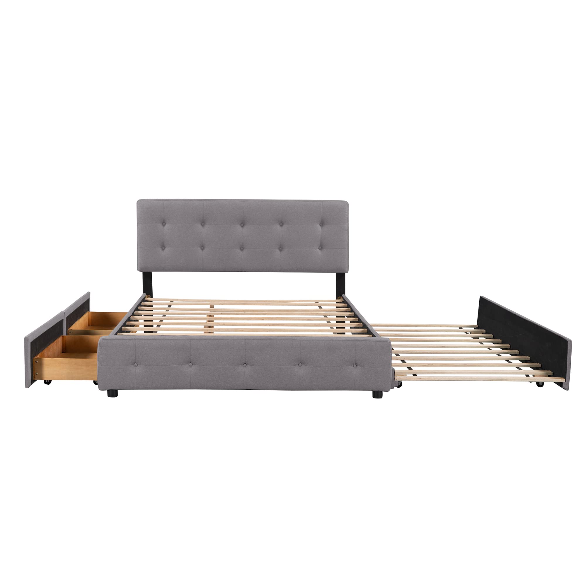 Queen Size Upholstered Platform Bed with 2 Storage Drawers & Twin XL Trundle - Light Gray Linen Fabric Wooden Bed Frame for Guest Room, Small Space & Modern Bedroom