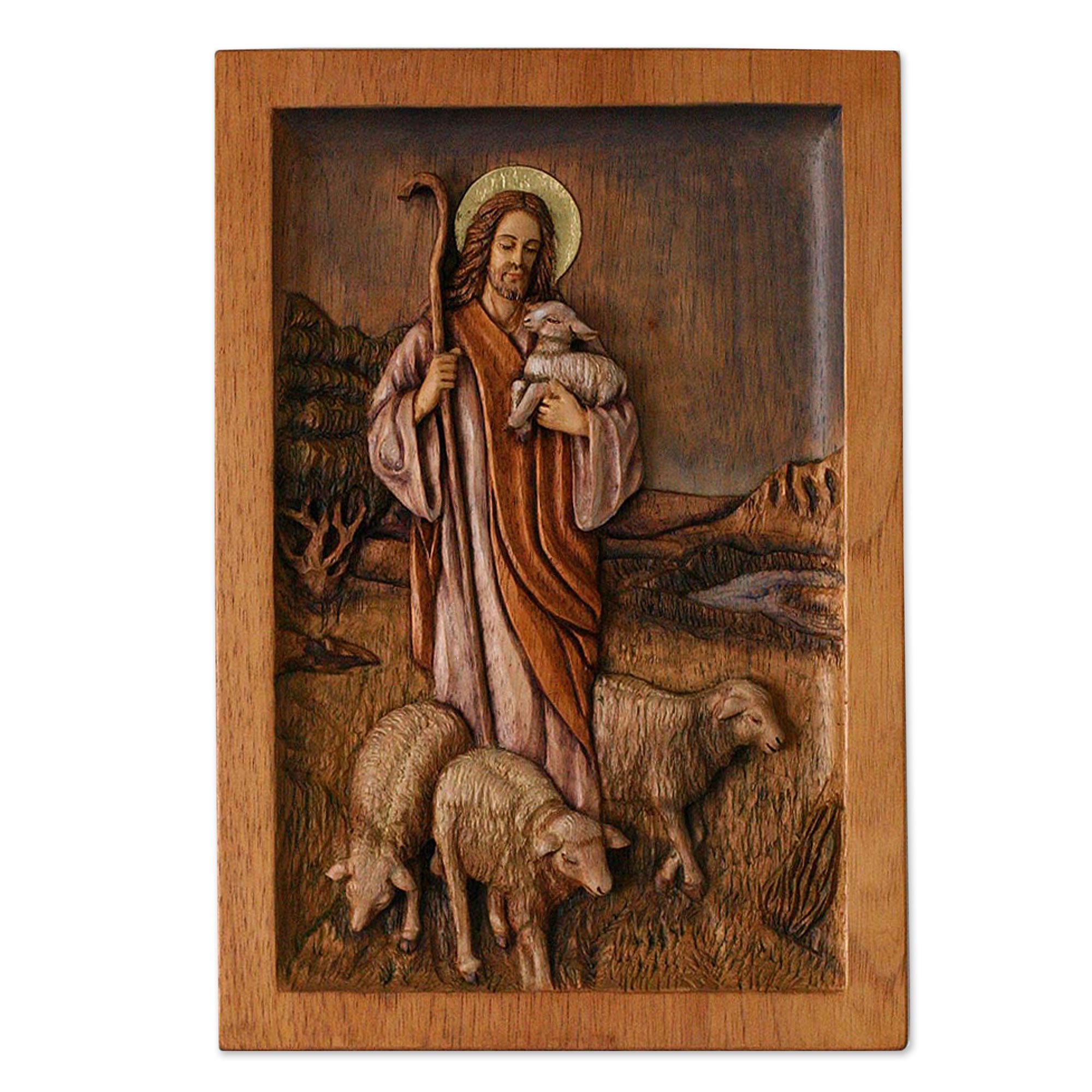 NOVICA Handcrafted Jesus The Good Shepherd Cedar Wood Relief Panel - Religious Wall Art for Home Decor & Church Interiors
