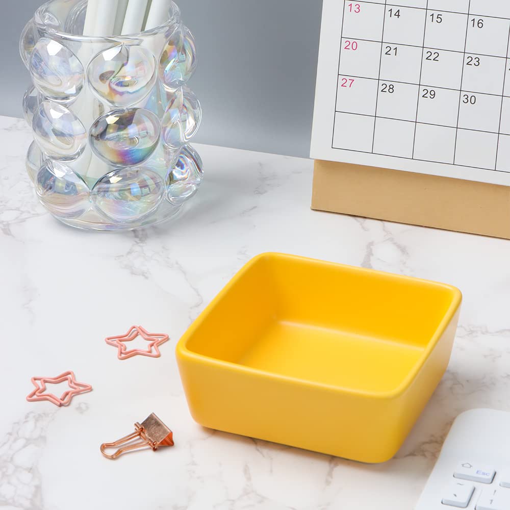 MEI YI TAN Square Yellow Ceramic Paper Clip Holder - Cute Office Desk Organizer for Binder Clips & Paperclips - Perfect Desktop Accessory for Home & Office Organization