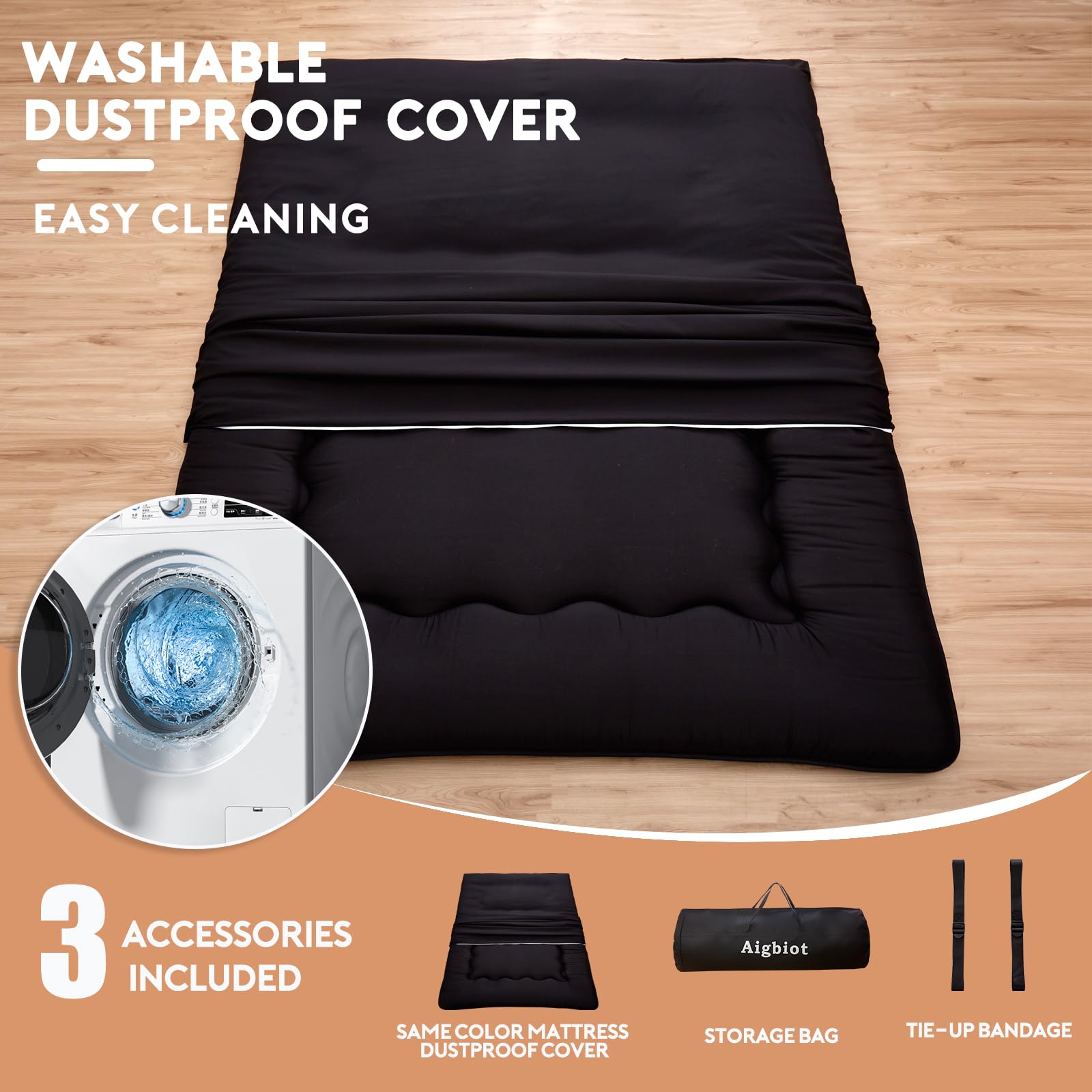 Japanese Futon Floor Mattress - Foldable Tatami Sleeping Mat with Washable Cover for Adults & Kids - Twin/Full/Queen Size (Queen, Black) - Perfect for Guest Rooms, Small Spaces & Minimalist Living