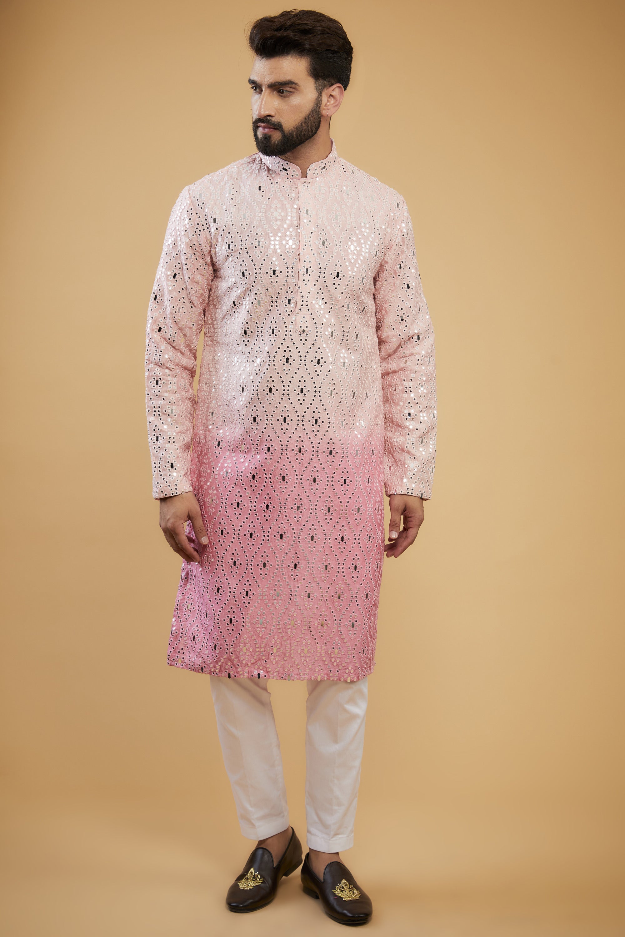 Elegant Pink Ombre Mirror Work Kurta with Intricate Thread Embroidery - Perfect for Festivals, Weddings, and Ethnic Fashion