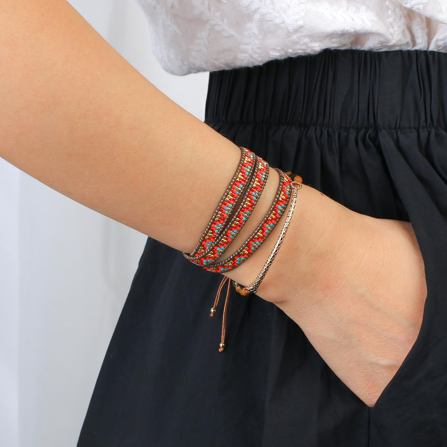 KELITCH Adjustable Leather Wrap Bracelet for Women - Handmade Crystal Beads Friendship Bangle Set of 3, Perfect for Gifts, Boho Jewelry & Everyday Wear