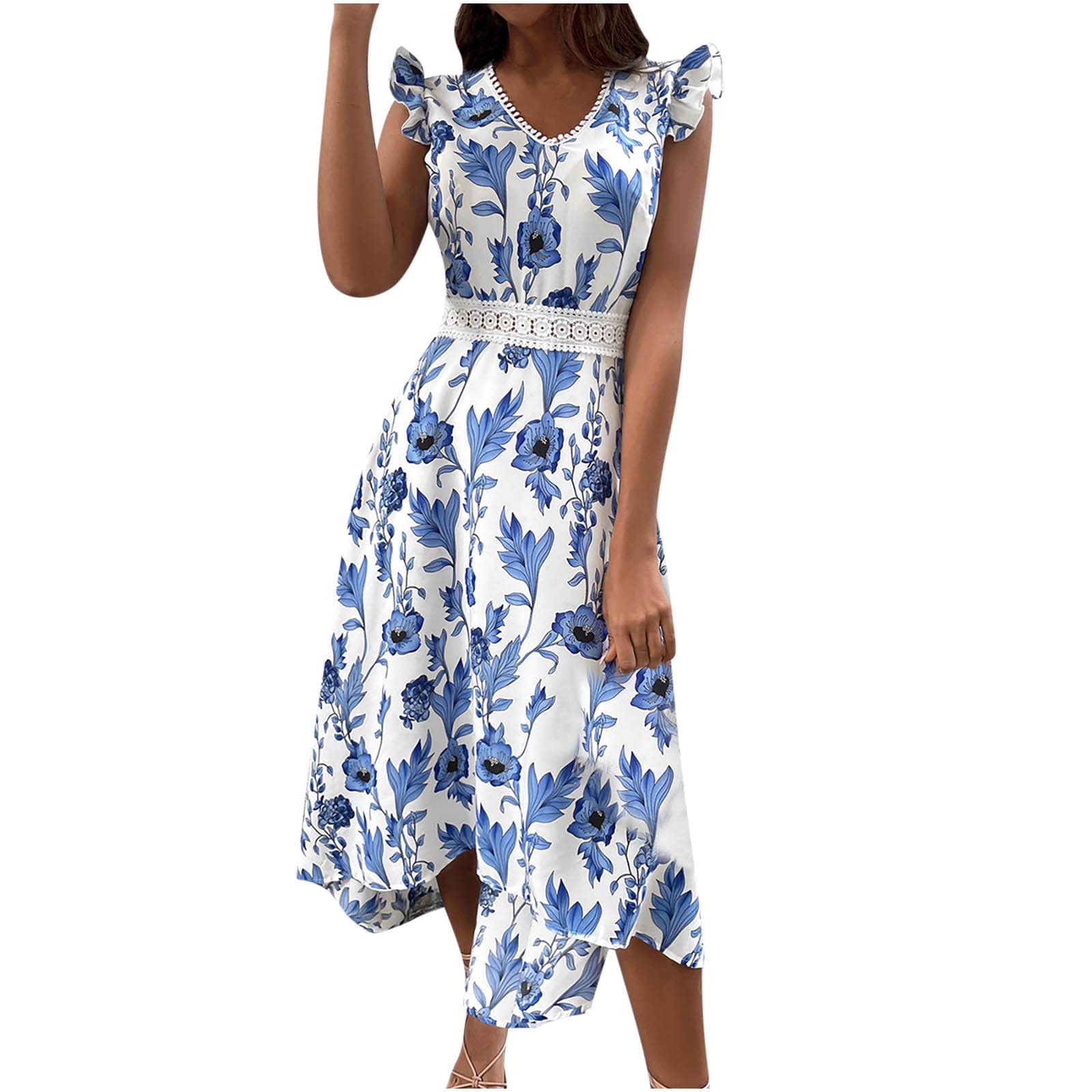 BmkBWO Women's Floral Print Midi Dress with Flutter Sleeves - V Neck Chiffon Swing Wrap Dress for Casual Wear, Wedding Guest, Party & Special Occasions