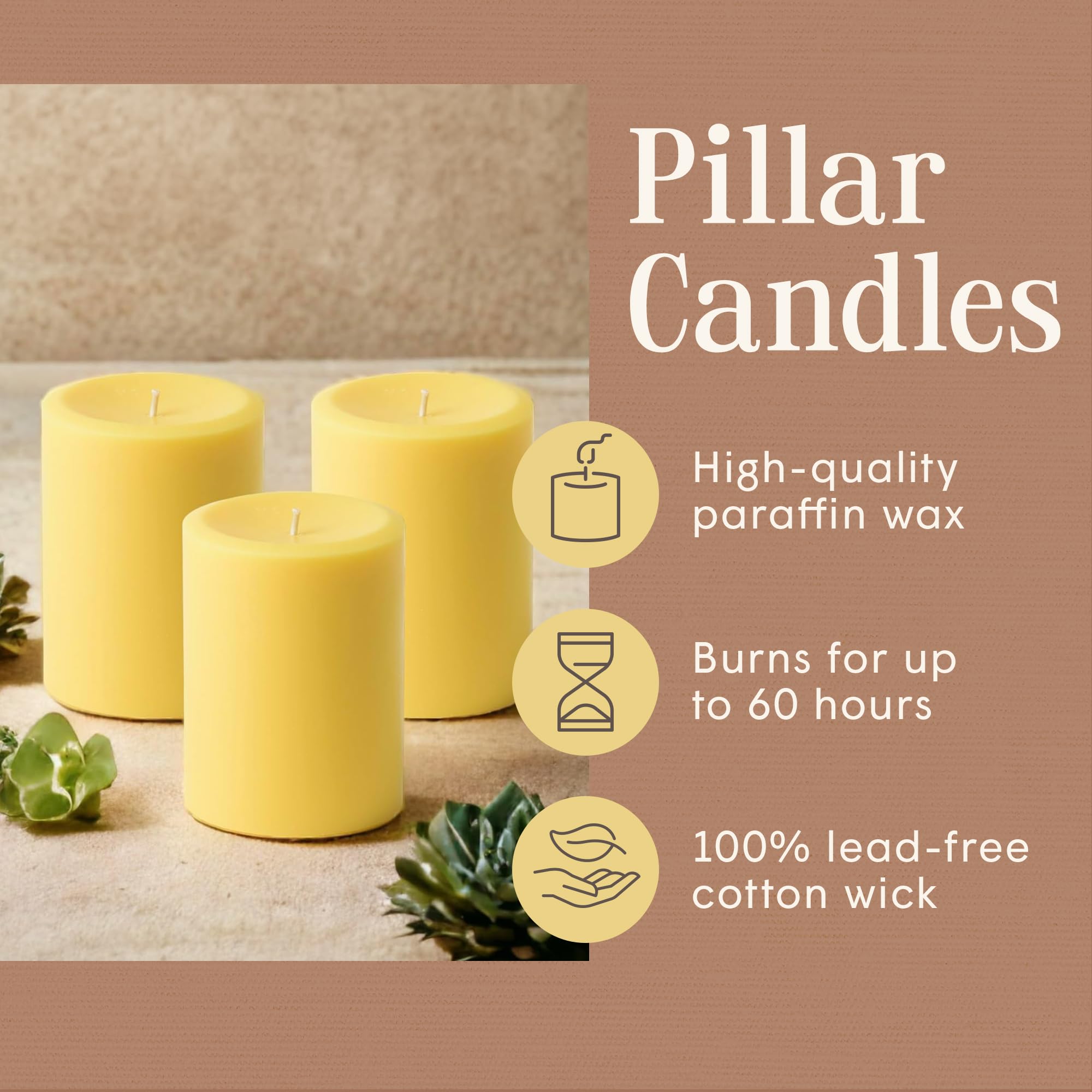 Premium Unscented Dripless Pillar Candles Set of 3 - 4x3 Inch Hand-Poured Yellow Candles for Home Decor, Weddings & Relaxation - 60 Hour Burn Time, Natural Soy Wax - Perfect for Centerpieces, Meditation & Romantic Ambiance