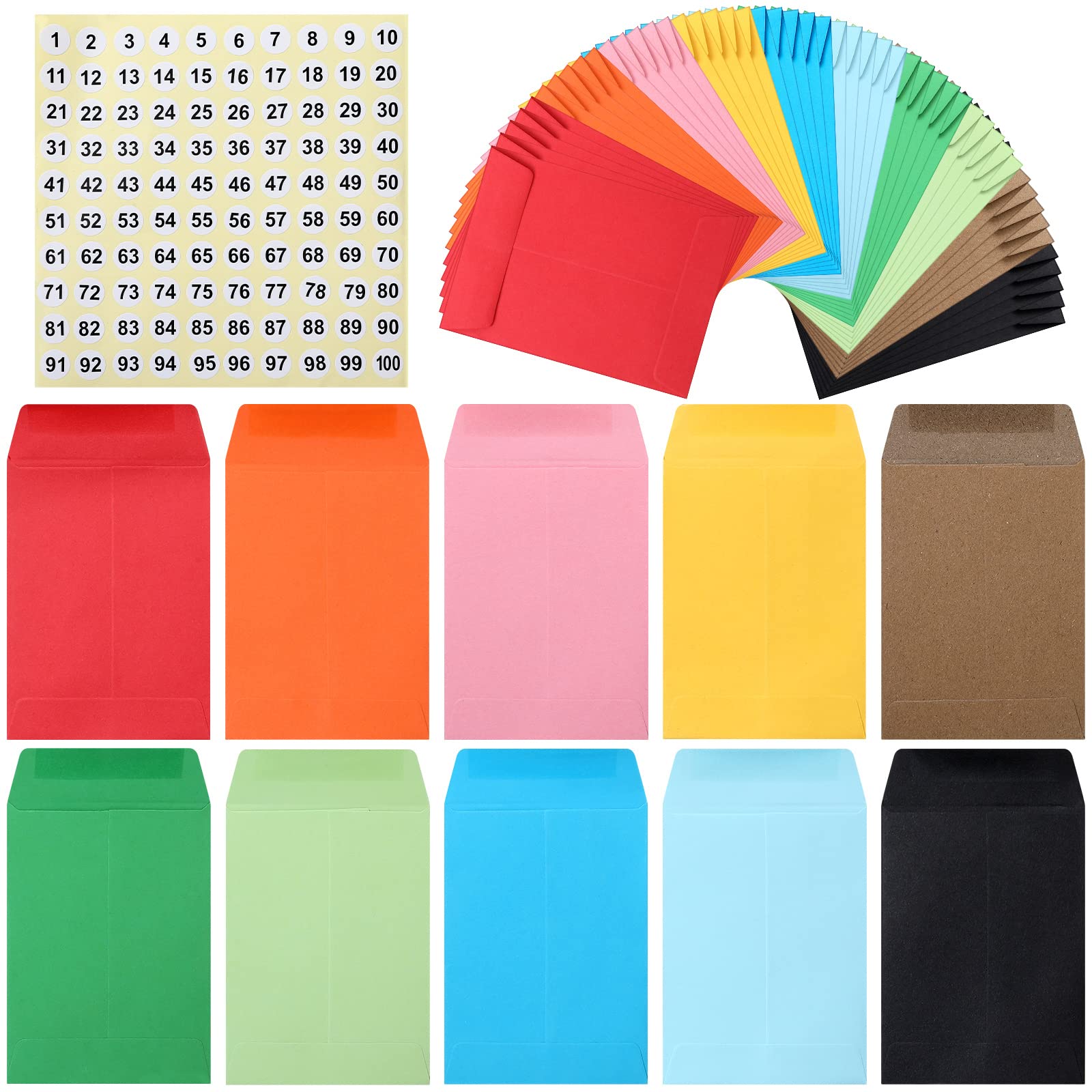 100-Pack 4x3 Inch Cash Envelopes for Budgeting - Money Saving Challenge Envelopes with Stickers for Coins, Checks & Gift Cards - Home & Office Organization (Multicolor) | Perfect for Dave Ramsey Budget System, Cash Stuffing & Financial Planning