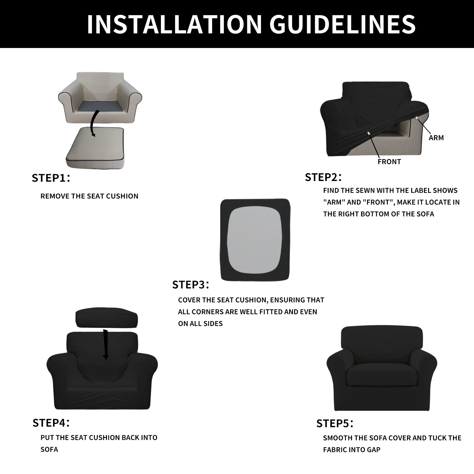 2-Piece Stretch Microfiber Chair Slipcover - Soft Spandex Fitted Sofa Cover with Elastic Bottom, Washable Furniture Protector for Kids & Pets (Black) - Perfect for Living Room, Office, and Dorm Decor