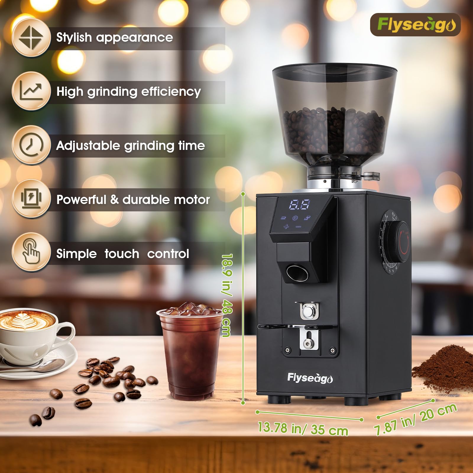 Commercial Electric Coffee Grinder 400W - Flat Burr Coffee Bean Grinder with 18 Precise Settings, Touch Control for Espresso - Large Capacity Hopper & Grounds Tray - Perfect for Coffee Shops, Restaurants & Home Baristas (Black, Square Design)