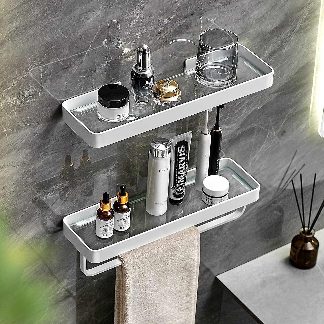 VOLPONE 2-Tier Wall Mounted Bathroom Shelves - Tempered Glass Floating Shelf for Shower, Toiletries & Organizer - White - Perfect for Small Bathrooms & Modern Home Decor