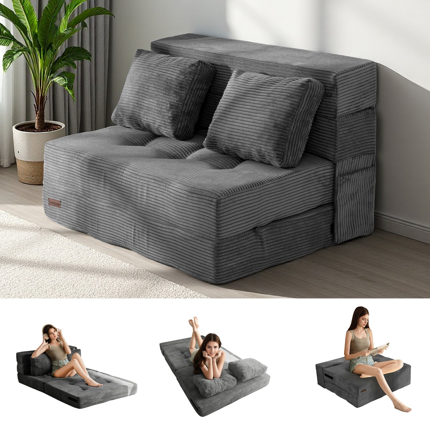 MAXYOYO 4-in-1 Convertible Sofa Bed Chair - Foldable Floor Couch for Small Spaces, Dark Grey - Perfect for Studio Apartments, Guest Rooms & Dorm Living