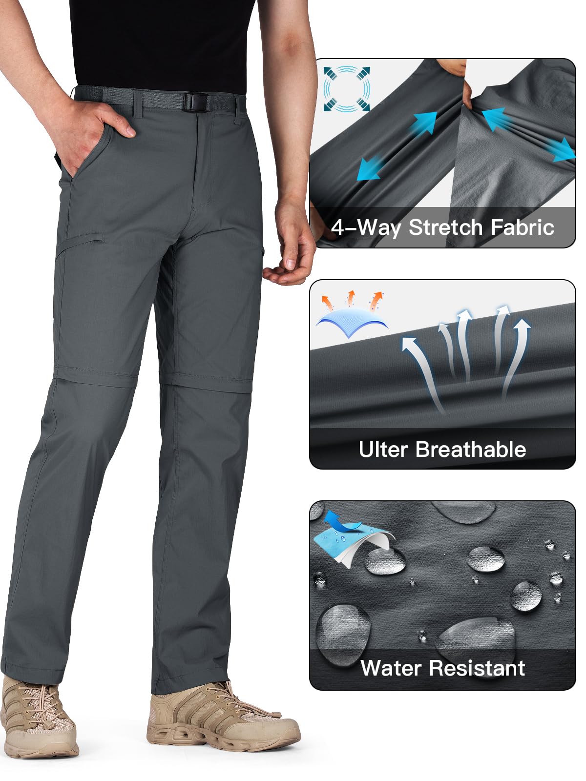 FREE SOLDIER Men's Outdoor Convertible Hiking Pants with Belt - Lightweight Quick-Dry Tactical Cargo Pants - Nylon Spandex Stretch - Perfect for Hiking, Camping & Outdoor Adventures