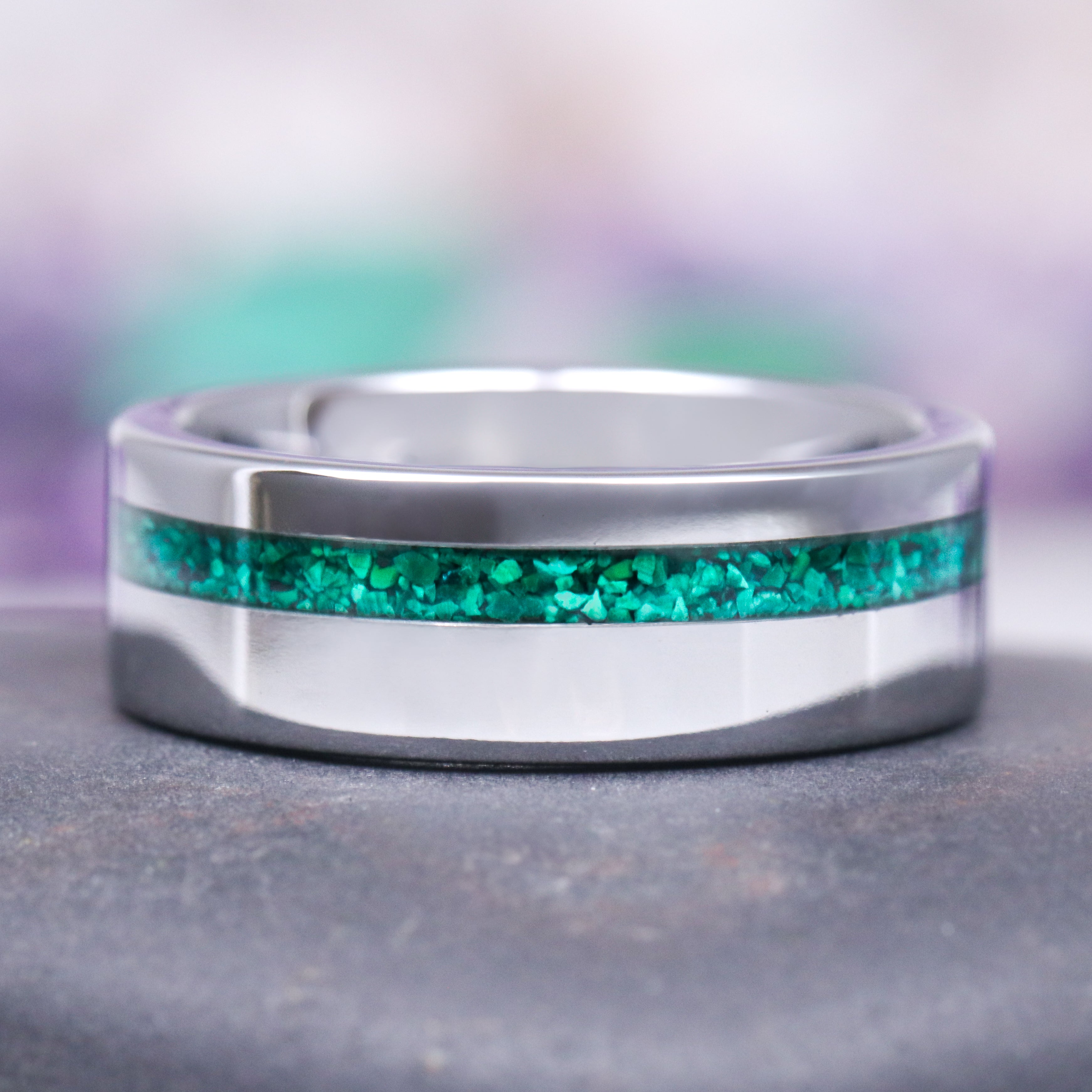 Natural Crushed Malachite Inlay Wedding Band - 8MM Tungsten Ring for Men - Handmade Green Gemstone Jewelry - Perfect for Engagement, Anniversary & Gift Giving