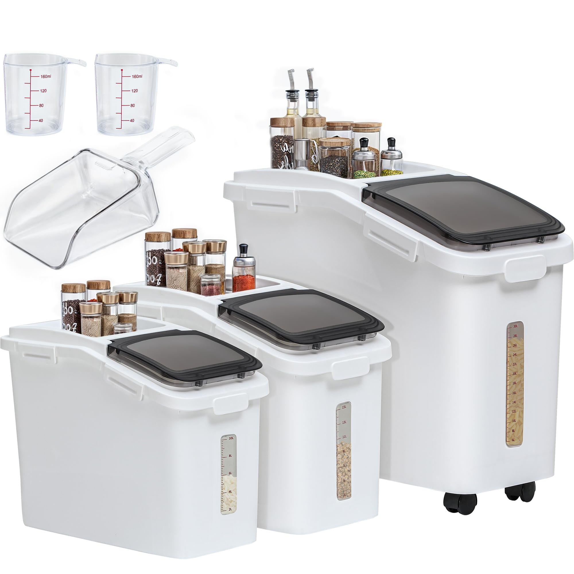 YITAHOME 20.6 Gallon Commercial Rice Flour Storage Container with Wheels - 3-Piece Set (11.4+5.8+3.4 Gal) - 500 Cups Capacity - Includes Scoop & Lid - White Kitchen Storage Bins for Flour, Rice, Sugar & Dry Food - Perfect for Pantry, Restaurant & Bulk Ingredient Organization