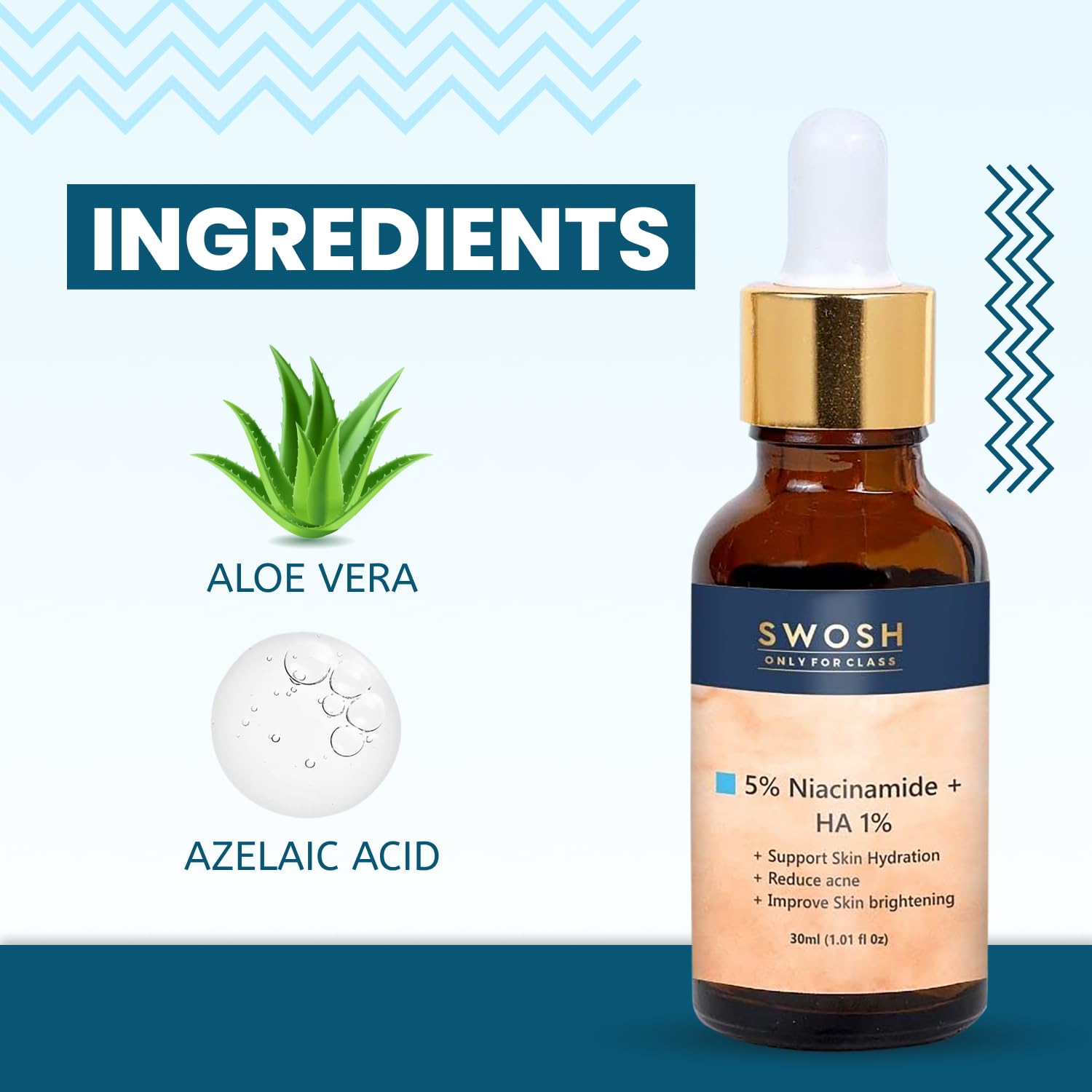 SWOSH 5% Niacinamide + 1% Hyaluronic Acid Face Serum (30ml) - Anti-Acne Treatment for Oily & Pimple-Prone Skin | Brightening, Moisturizing & Hydrating Formula | Perfect for Daily Skincare Routine & Blemish Control