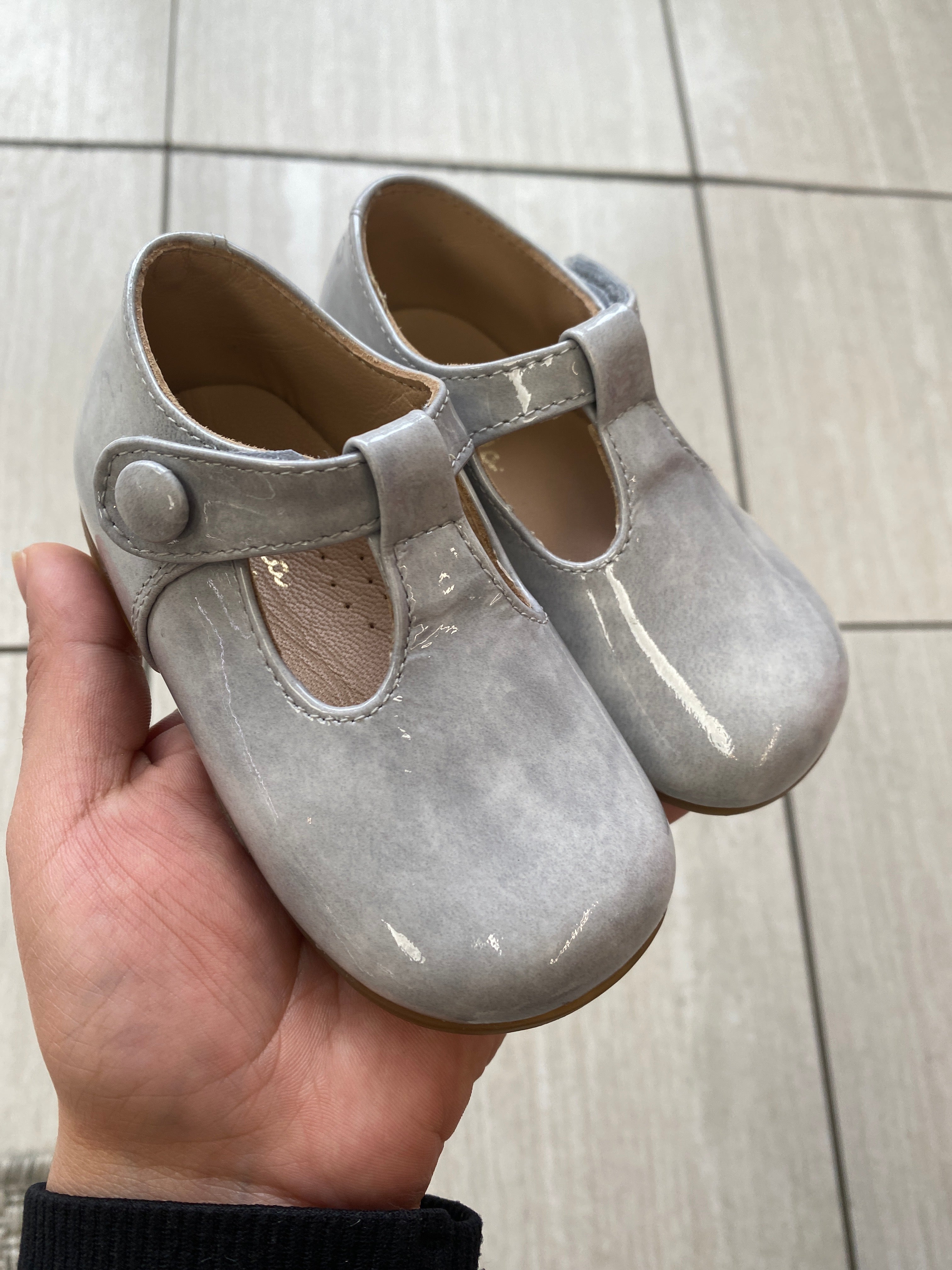 Smoky Gray Patent Leather Baby T-Strap Shoes - Elegant & Comfortable First Walkers for Infants | Perfect for Special Occasions, Photo Shoots & Everyday Wear