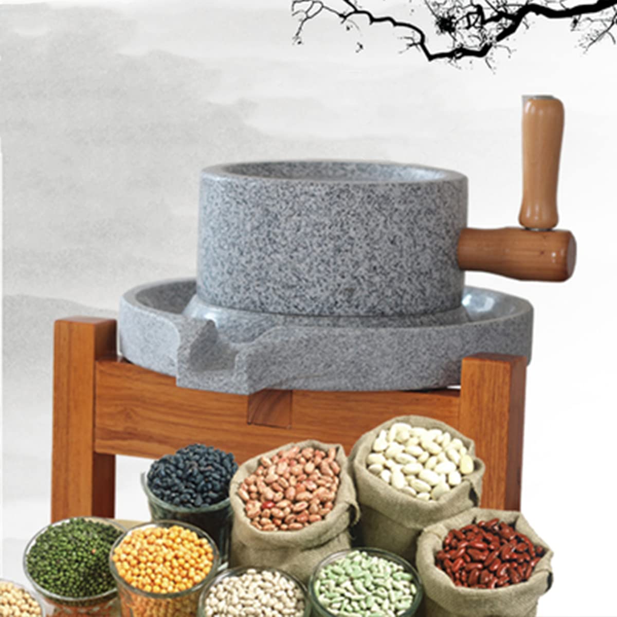 Premium Manual Granite Stone Mill - Hand Crank Grain Grinder for Dry & Wet Flour - Natural Wheat, Corn & Nut Grinder with Wooden Stand (7.87x11.8in) - Perfect for Homemade Bread, Artisan Baking & Organic Cooking