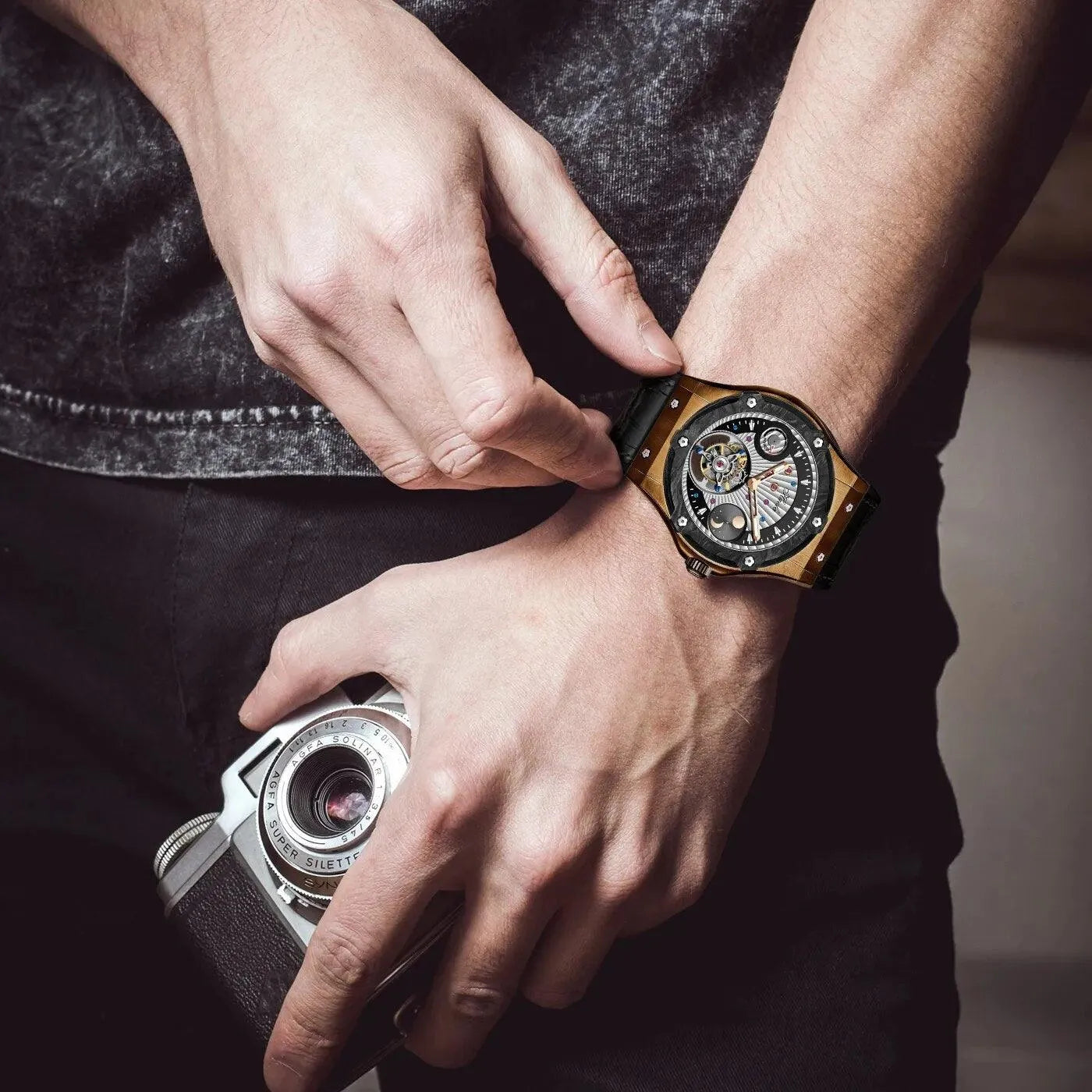 Luxury Men's Tourbillon Mechanical Watch - Bronze Case, Manual Winding, Sapphire Crystal, Business & Dress Wristwatch with Day/Night Display | Perfect for Formal Events, Business Meetings & Special Occasions