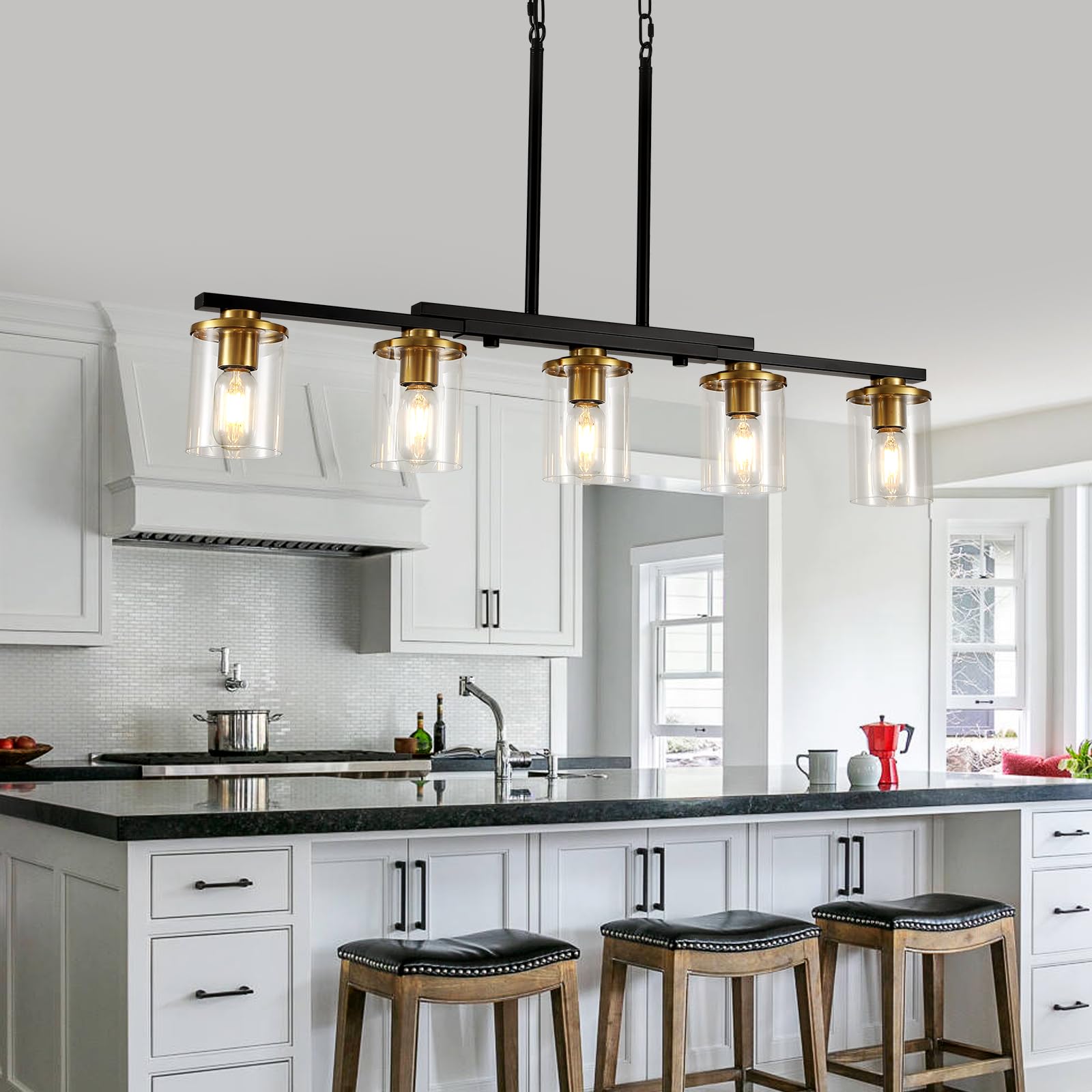 5-Light Modern Farmhouse Chandelier - Black & Gold Rustic Kitchen Island Lighting with Clear Glass Shades - Perfect for Dining Room, Breakfast Nook, and Kitchen Table Pendant Lighting