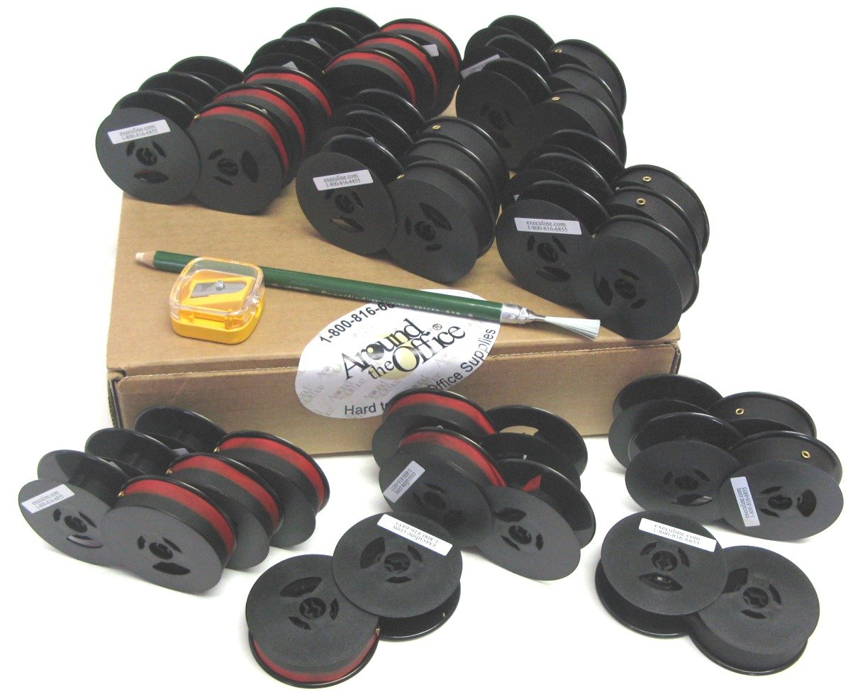 12 Black & 12 Black-Red Universal Portable Typewriter Ribbons - Twin Spool Ink Cartridge with Eraser Stick & Pencil Sharpener - Perfect for Vintage Typewriters, Office Use & Creative Writing