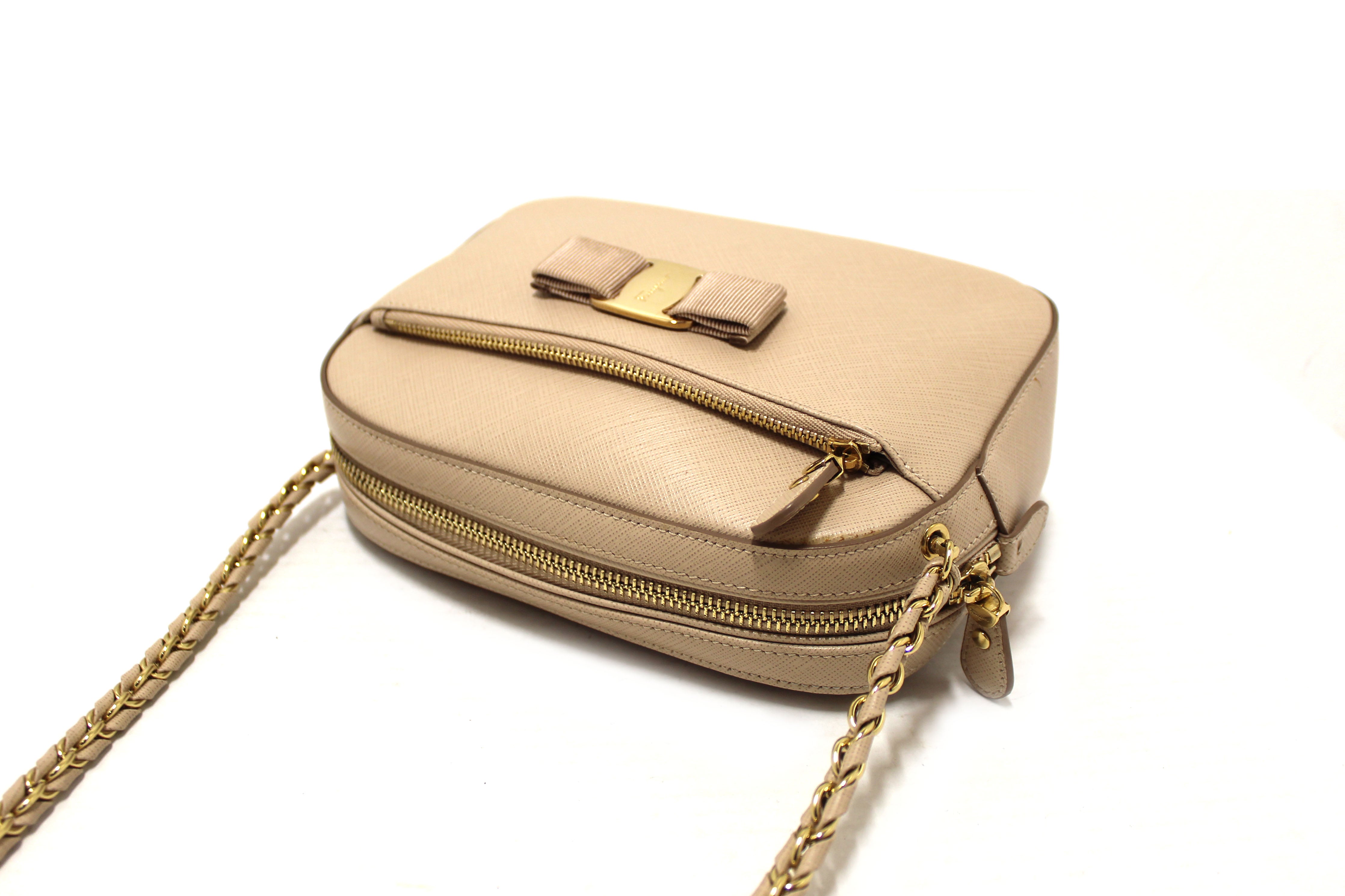 Authentic Salvatore Ferragamo Lydia Bow Camera Crossbody Bag - Beige Calfskin Leather Handbag for Women | Perfect for Work, Travel & Evening Events