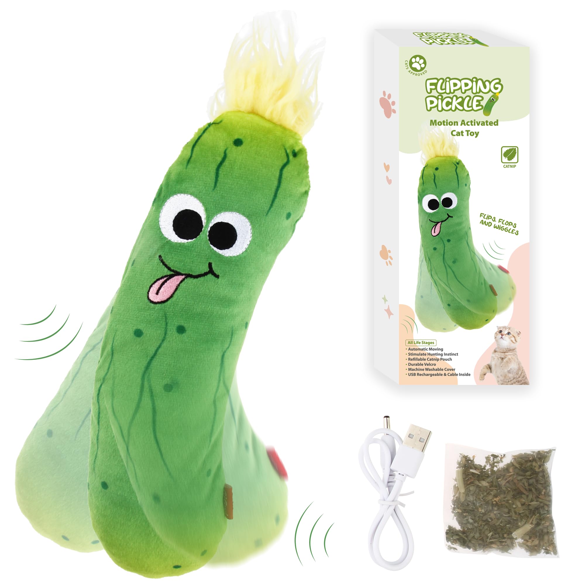 Gigwi Interactive Cat Toys with Catnip - Automatic Motion Flopping Kicker & Chew Toy for Kittens - USB Rechargeable Electric Wiggle Pickle for Indoor Cat Exercise & Playtime | Perfect for Playful Cats, Boredom Relief & Active Play Sessions