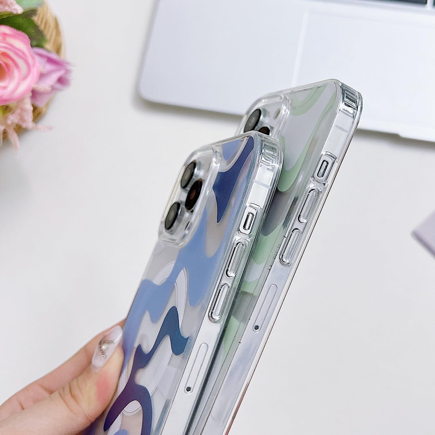 Magnetic iPhone 14 Case & iPhone 13 Case - MagSafe Compatible, Cute Wavy Art Design for Women, Soft TPU Edge with Shockproof PC Back Cover (Blue) - Perfect for Everyday Protection & Wireless Charging