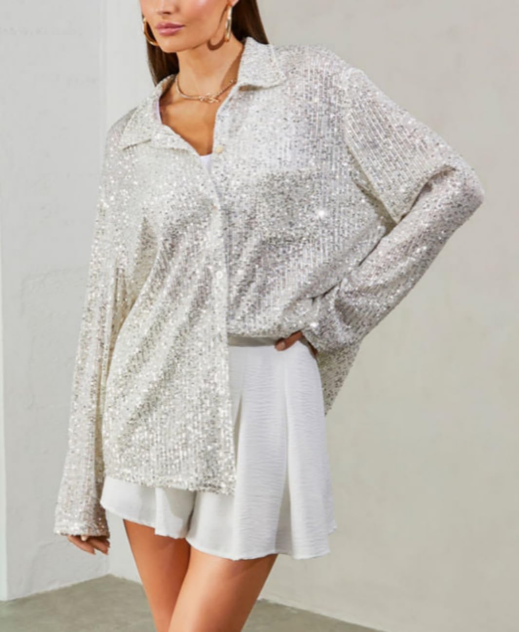 Women's Sparkly Sequin Button Front Shirt - Silver Glitter Collared Long Sleeve Blouse for Dinner Parties, Night Out & Special Occasions