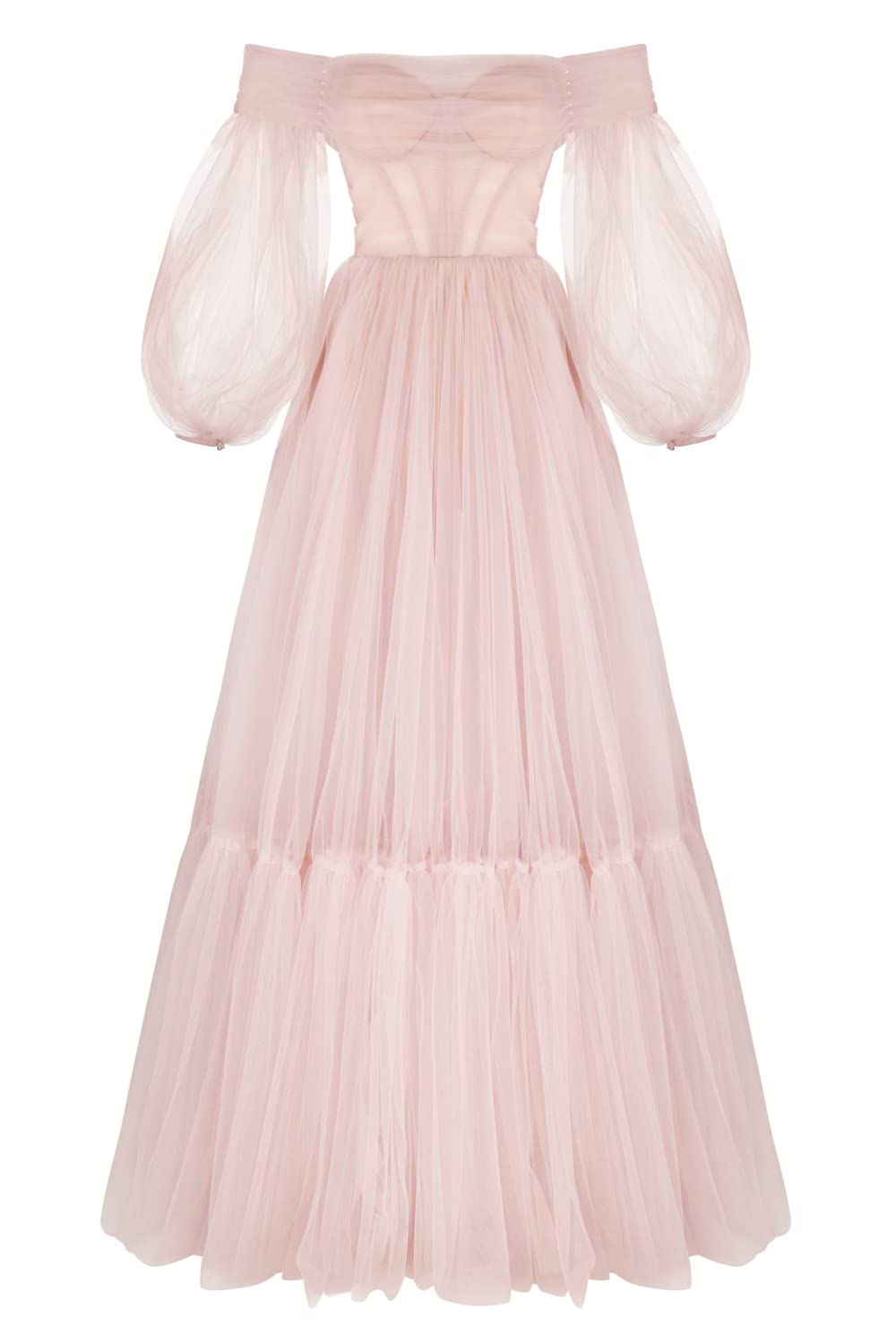 Elegant Off-Shoulder Tulle Maxi Dress with Sheer Puffy Sleeves for Women - Perfect for Evening Parties, Prom, Wedding Guest & Special Occasions