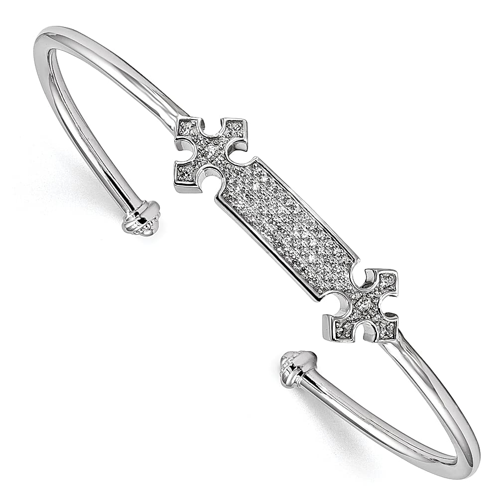 925 Sterling Silver Cubic Zirconia Cross Cuff Bangle Bracelet - Adjustable, Stackable Religious Jewelry for Women - Perfect Gift for Her - Ideal for Church, Weddings & Everyday Wear