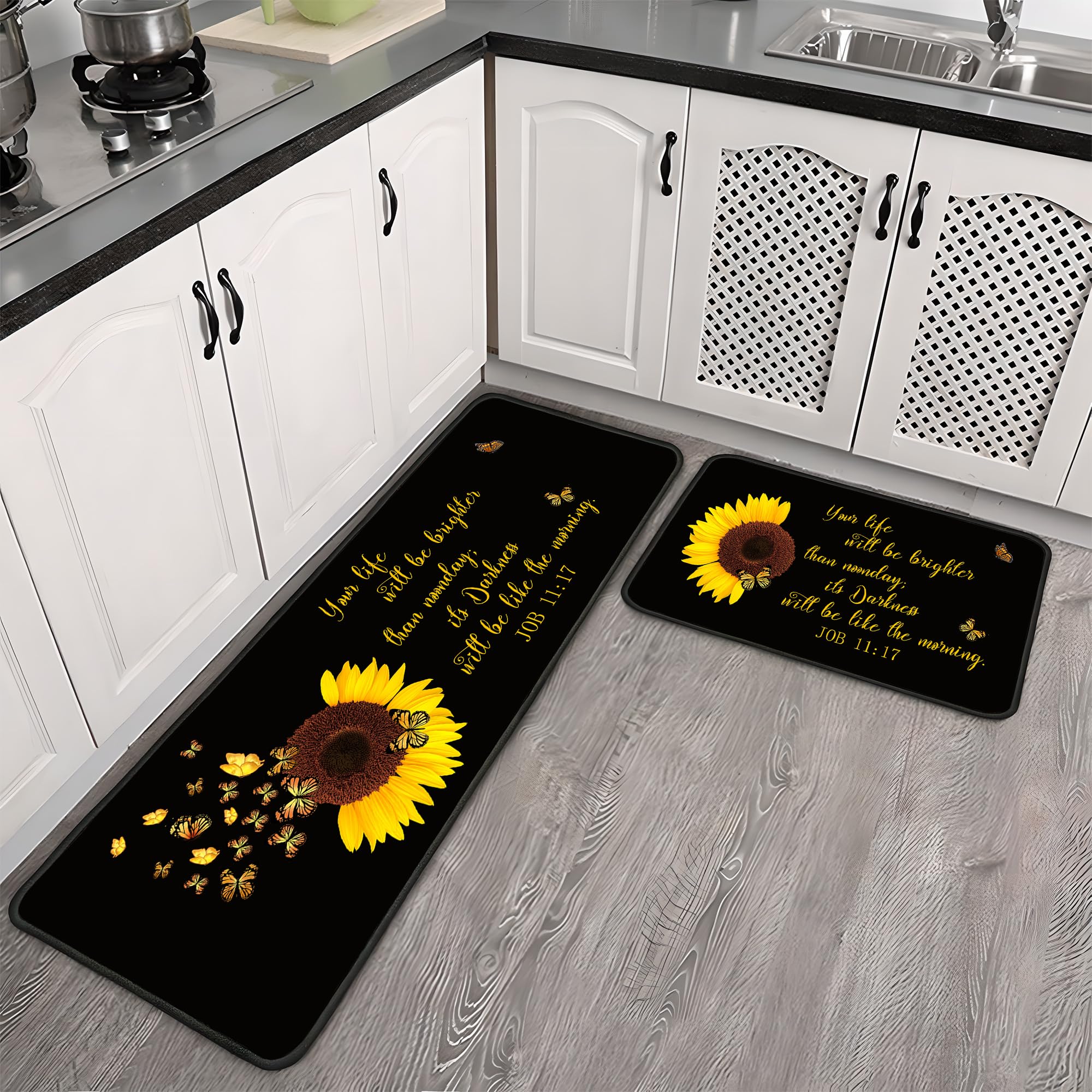 Sunflower Bible Verse Kitchen Rugs Set - Waterproof Washable Mats for Sink & Floor Decor