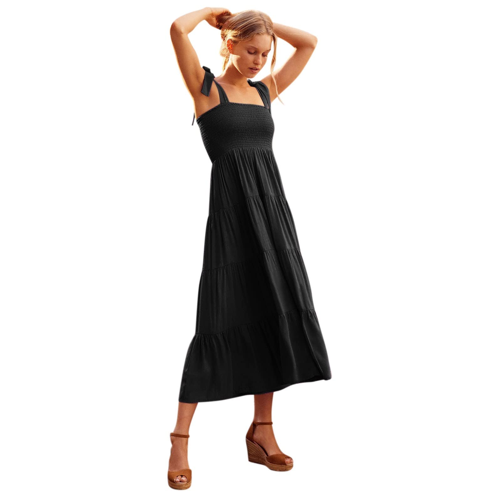 WANYNG Women's Summer Casual Dress - Midi Maxi Elegant Boho Sleeveless Smocked A-Line Dress for Cocktail Parties, Beach Vacations & Daily Wear