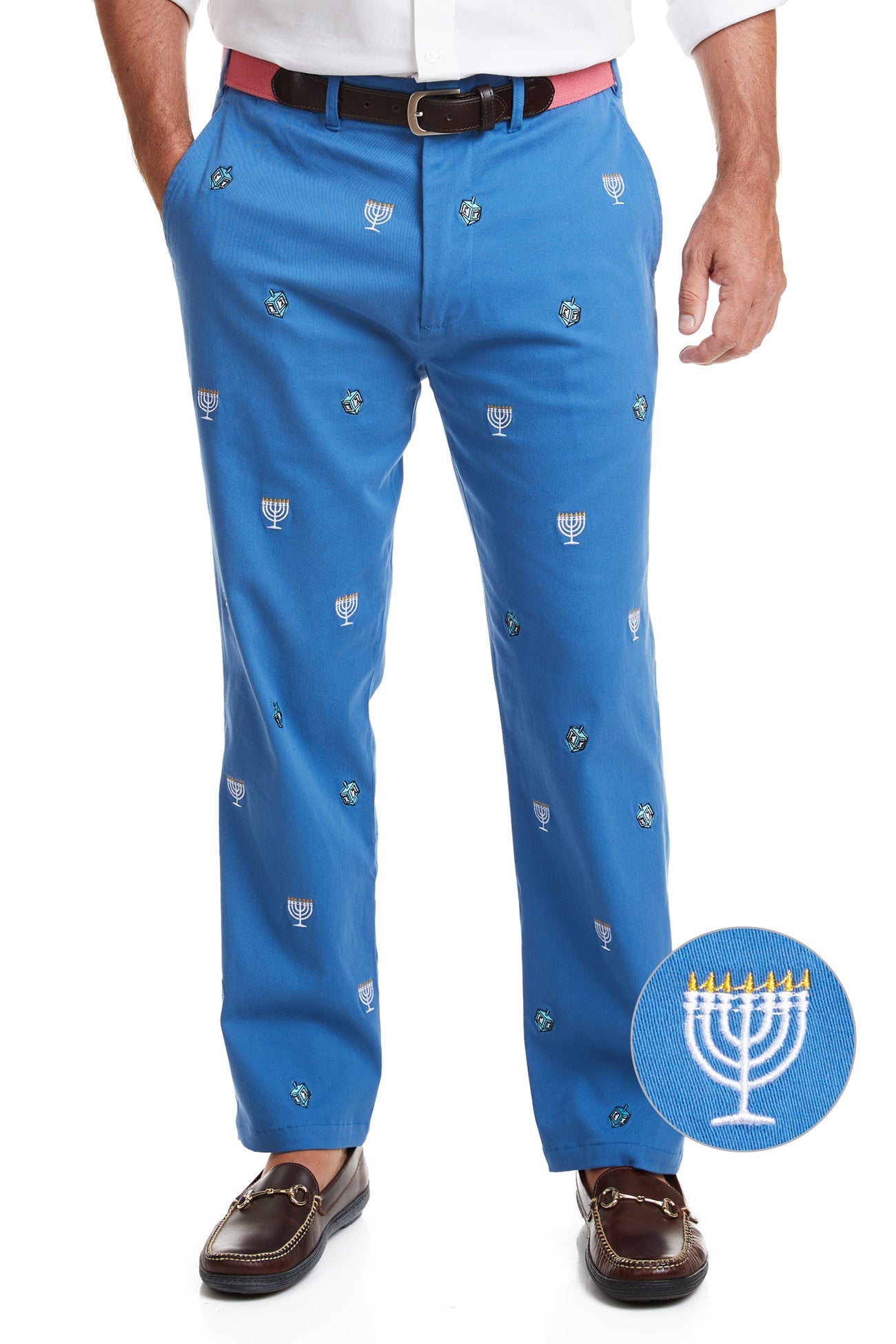 Men's Harbor Pant in Deep Ocean Blue - Hanukkah Themed with Menorah & Dreidel - Perfect for Jewish Holidays, Casual Wear & Festive Celebrations