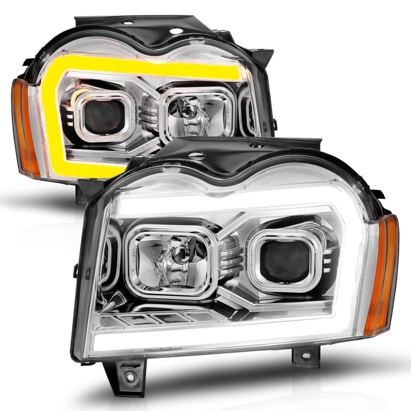 ANZO Projector Headlights with Light Bar Switchback (Chrome) for 2005-2007 Jeep Grand Cherokee - High Performance LED Headlight Upgrade for Off-Road & Night Driving