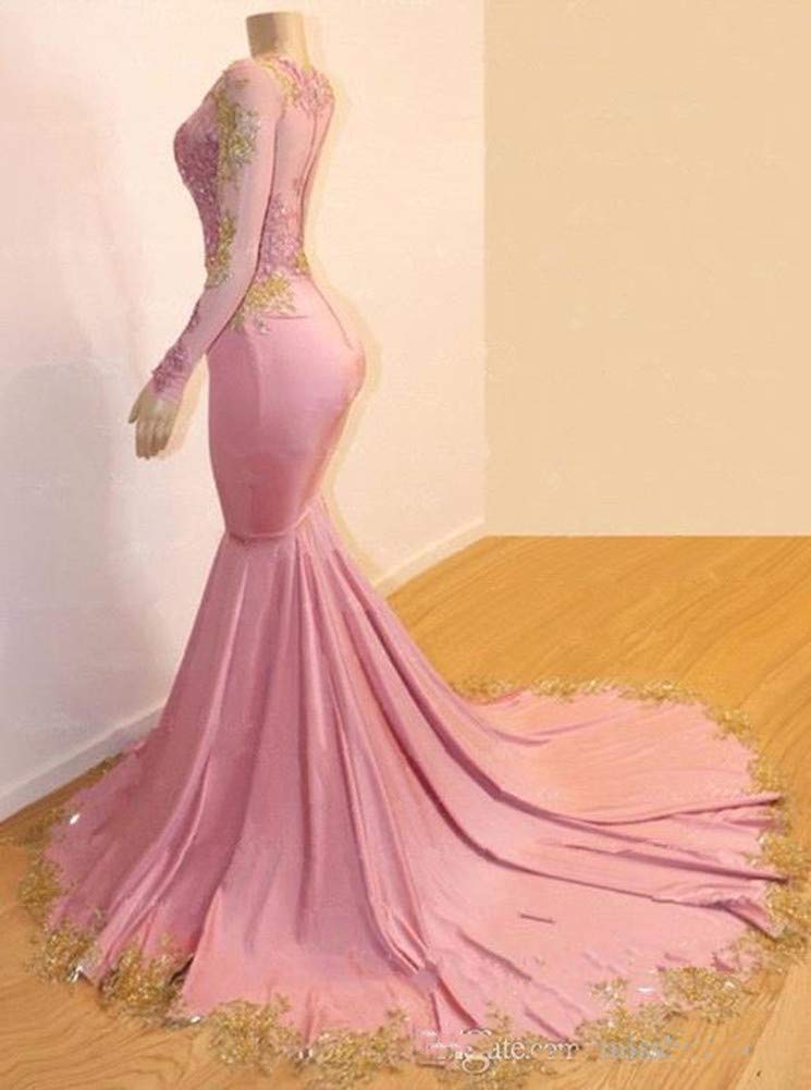 Elegant Pink Satin Mermaid Prom Dress with Lace Applique - Women's Long Sleeve Formal Evening Gown for Homecoming, Wedding Guest, and Special Occasions