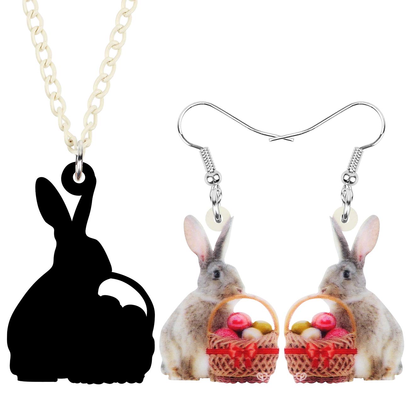 WEVENI Acrylic Easter Egg Basket Bunny Hare Jewelry Set - Rabbit Earrings & Necklace Pendant Gift for Women (Red) | Easter Party, Spring Festival, Birthday Gift, Mother's Day Present