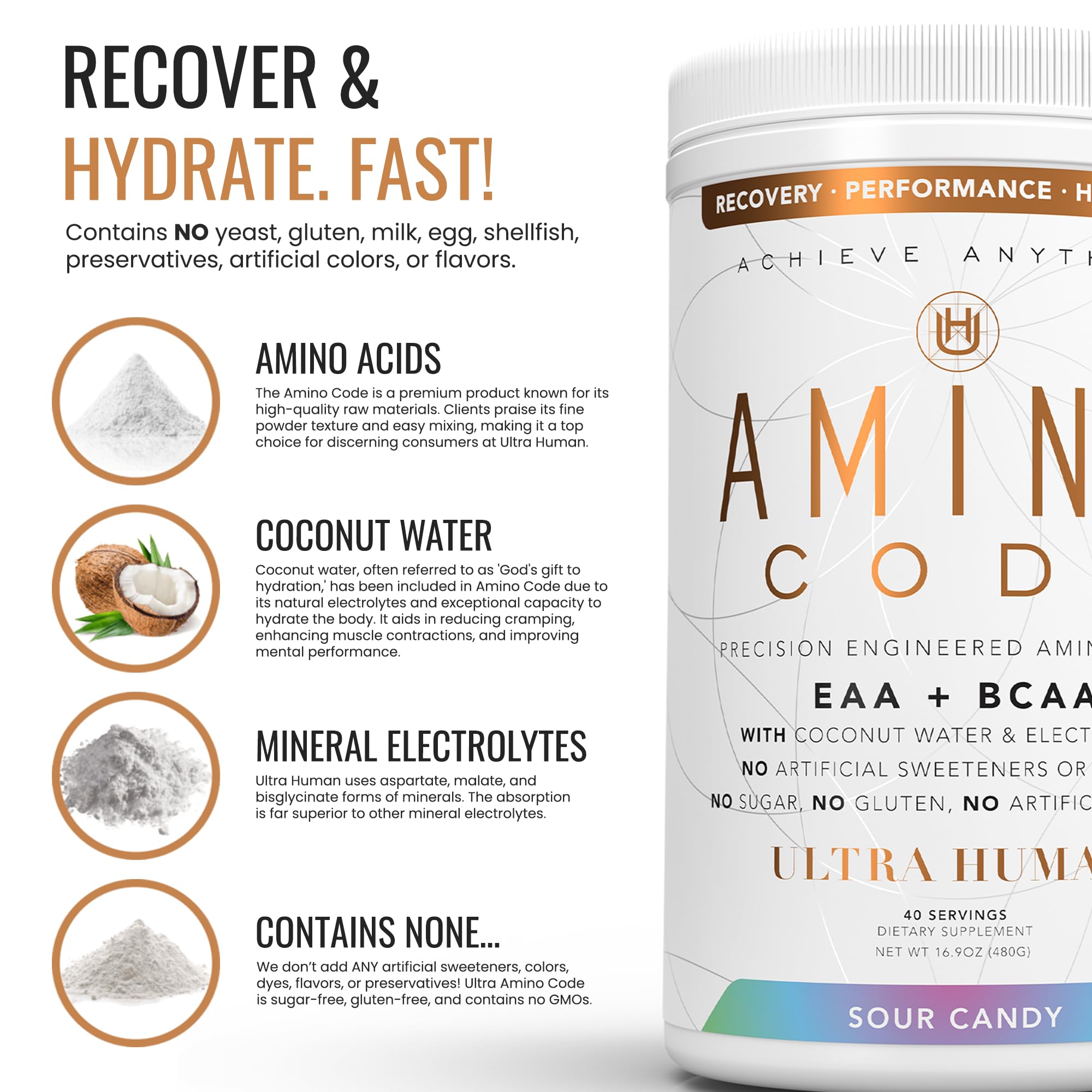 Amino Code | Essential Amino Acids + BCAAs + Coconut Water Electrolytes Powder | Fast Hydration & Workout Recovery Drink Mix | Clean Formula, 40 Servings - Sour Candy Flavor | Pre-Workout, Post-Workout & Daily Hydration Supplement