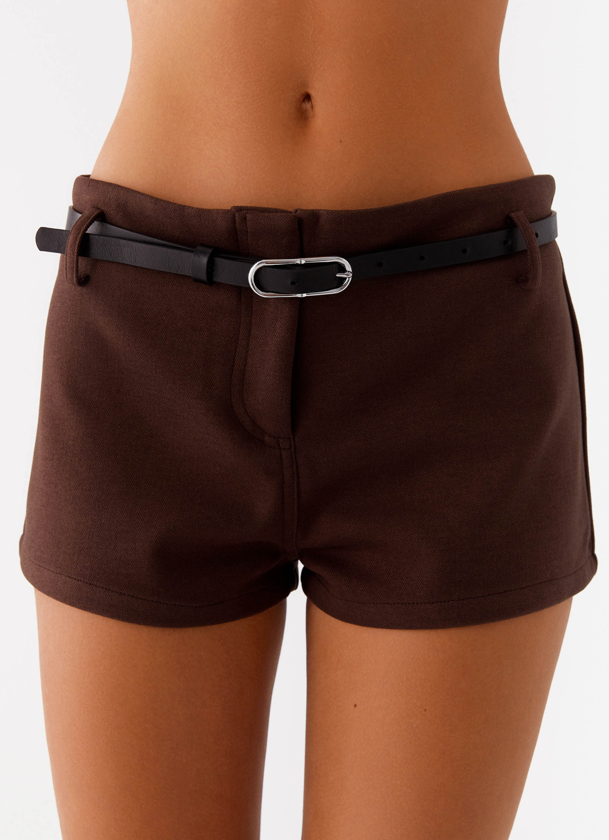 Curfew Micro Shorts in Chocolate Brown - Trendy High Waisted Bikini Bottoms for Beach, Pool & Summer Vacations