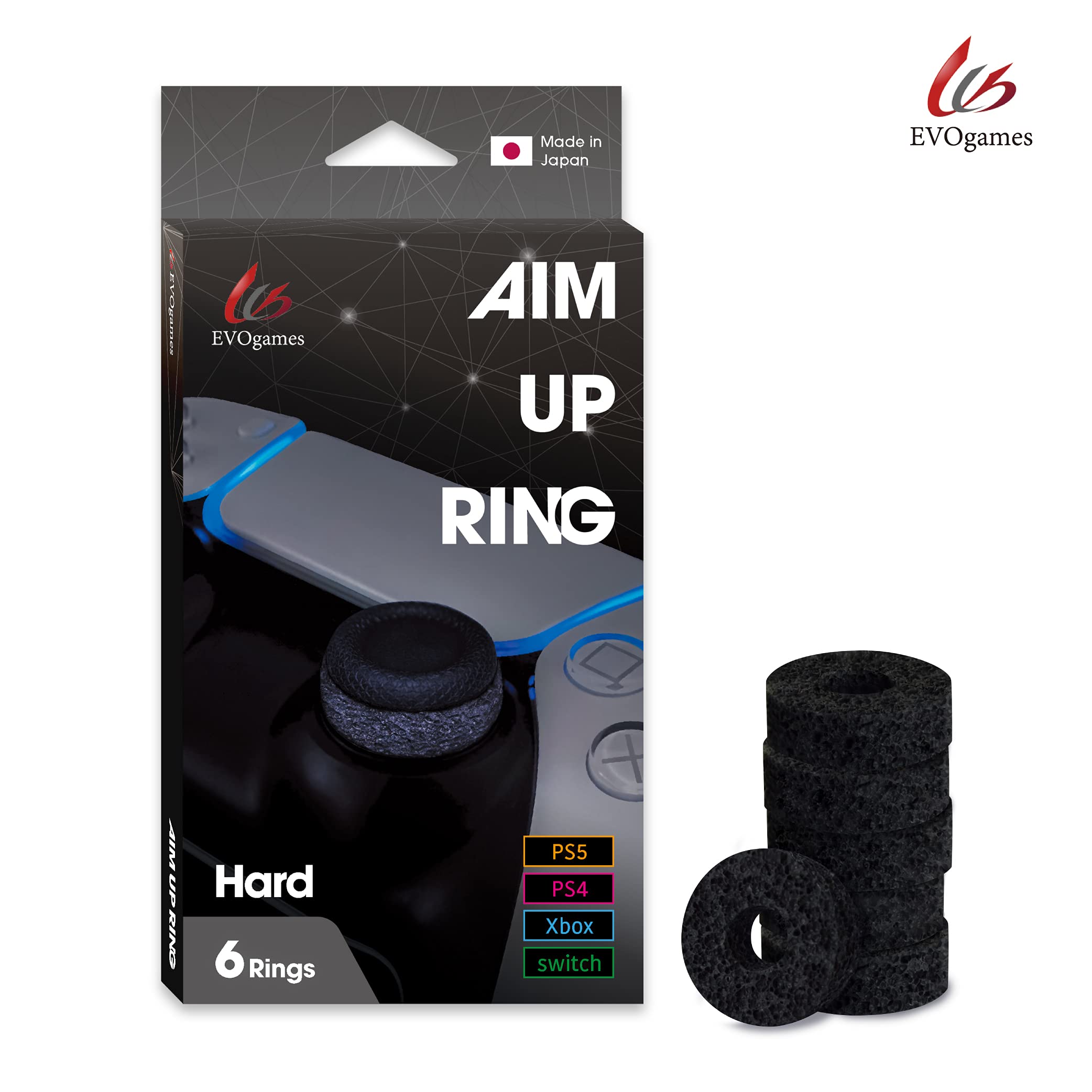EVOgames Aim Up Ring (Hard Type) - 6-Pack Precision Gaming Thumb Grips for FPS - Compatible with PS5, PS4, Switch, Xbox & PC Controllers - Made in Japan - Improve Accuracy & Control for Competitive Gaming