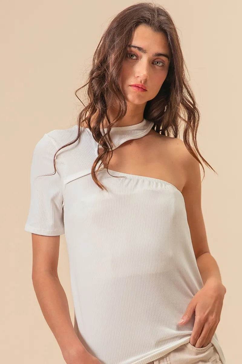 BiBi Soft Rib Knit Cut Out One Shoulder Top - Women's Fashion Stretch Knit Blouse for Casual Wear, Night Out, and Party Outfits