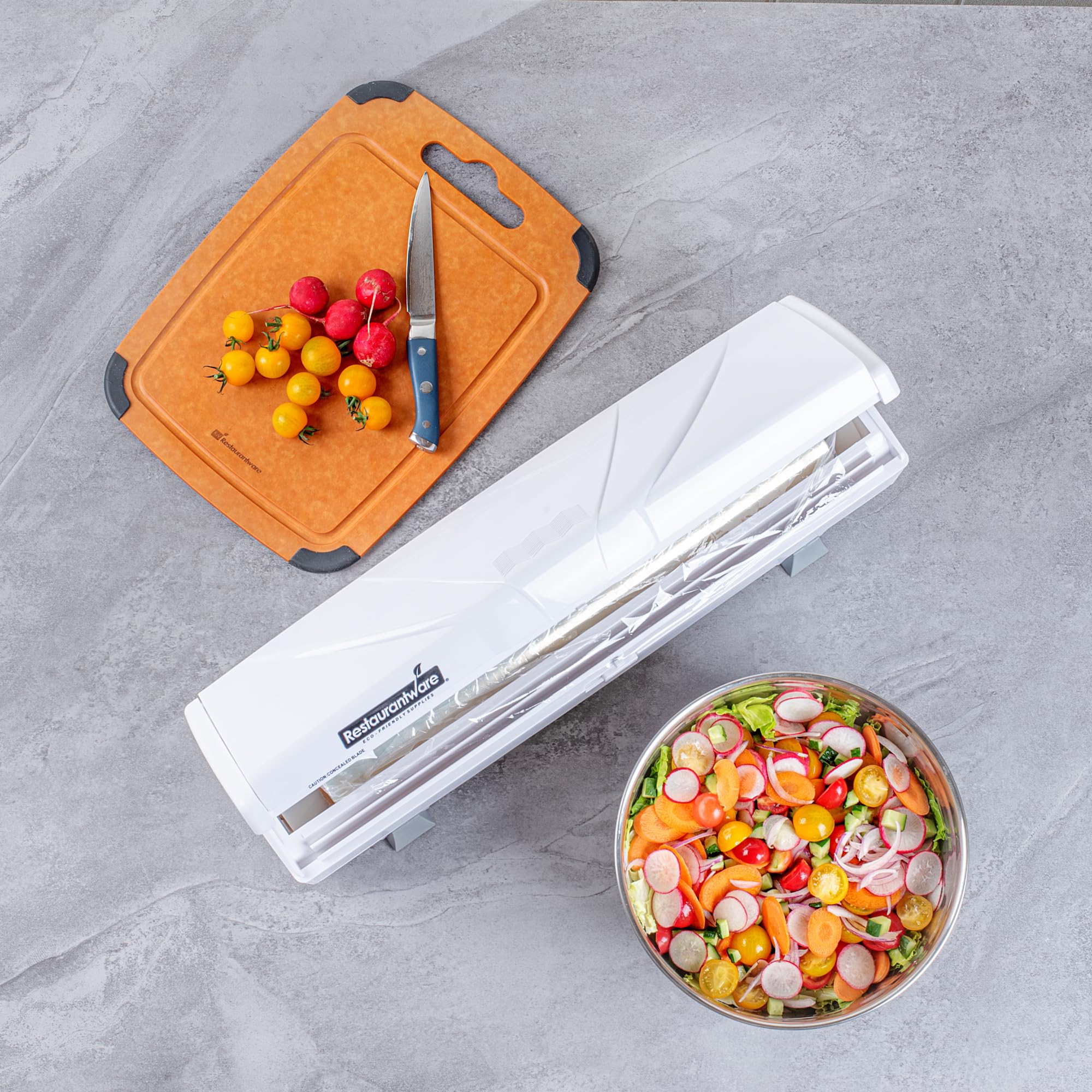 Restaurantware RW Base Food Wrap Dispenser with Cutter - Refillable Cling Wrap & Aluminum Foil Dispenser for 12” to 18” x 2000’ Rolls - Press Down & Cut System with Sharp Blade - White Plastic - Perfect for Restaurants, Catering & Home Kitchen Storage