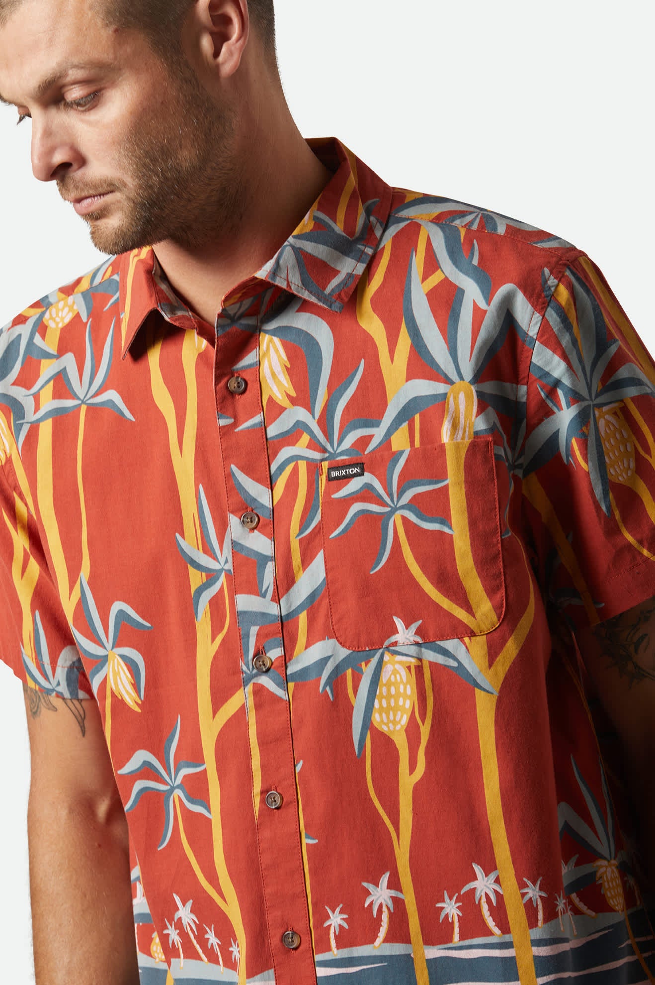 Charter Print Short Sleeve Shirt - Dark Red Scenic Trip Design | Casual Summer Tops for Men | Perfect for Travel, Vacation & Outdoor Adventures