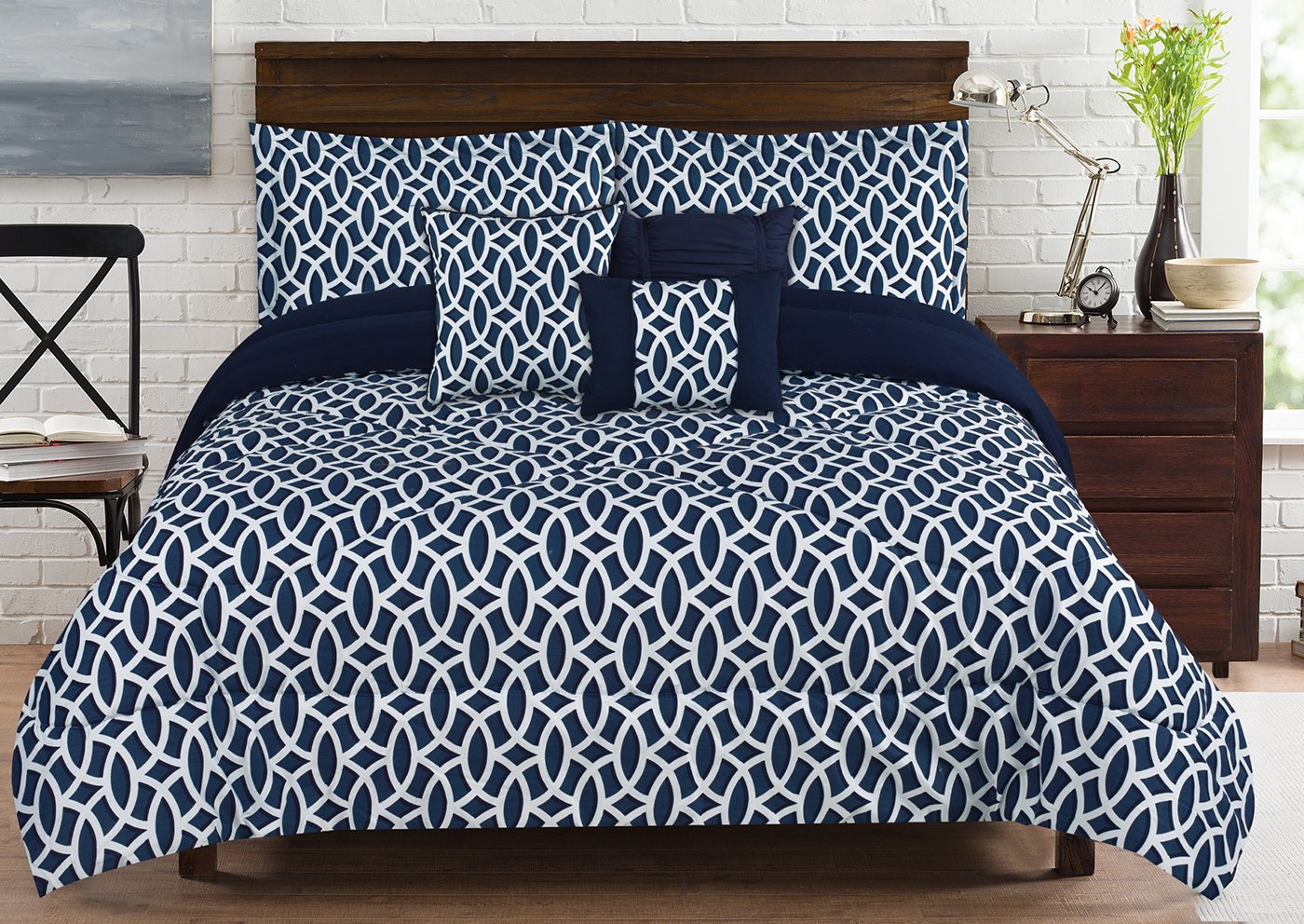 Printed Geometric Blue 6-Piece Comforter Set with Shams & Decorative Pillows - Queen Size Bedding for Modern Bedroom Decor