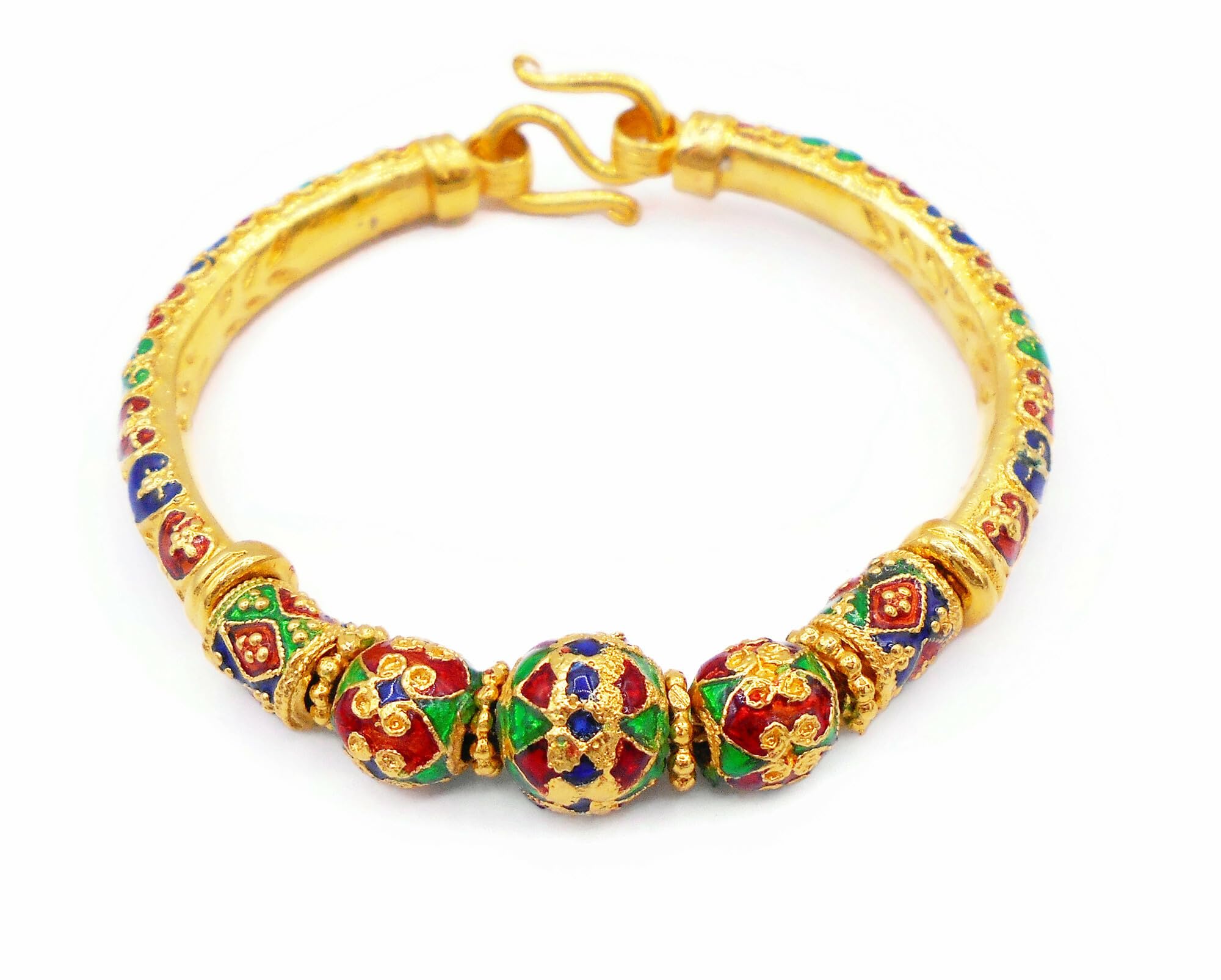 Thai Gold Plated Enamel Bracelet Bangle - Sukhothai Style 6 Inch Handmade Jewelry for Women, Gift for Her, Birthday, Anniversary, Wedding & Special Occasions