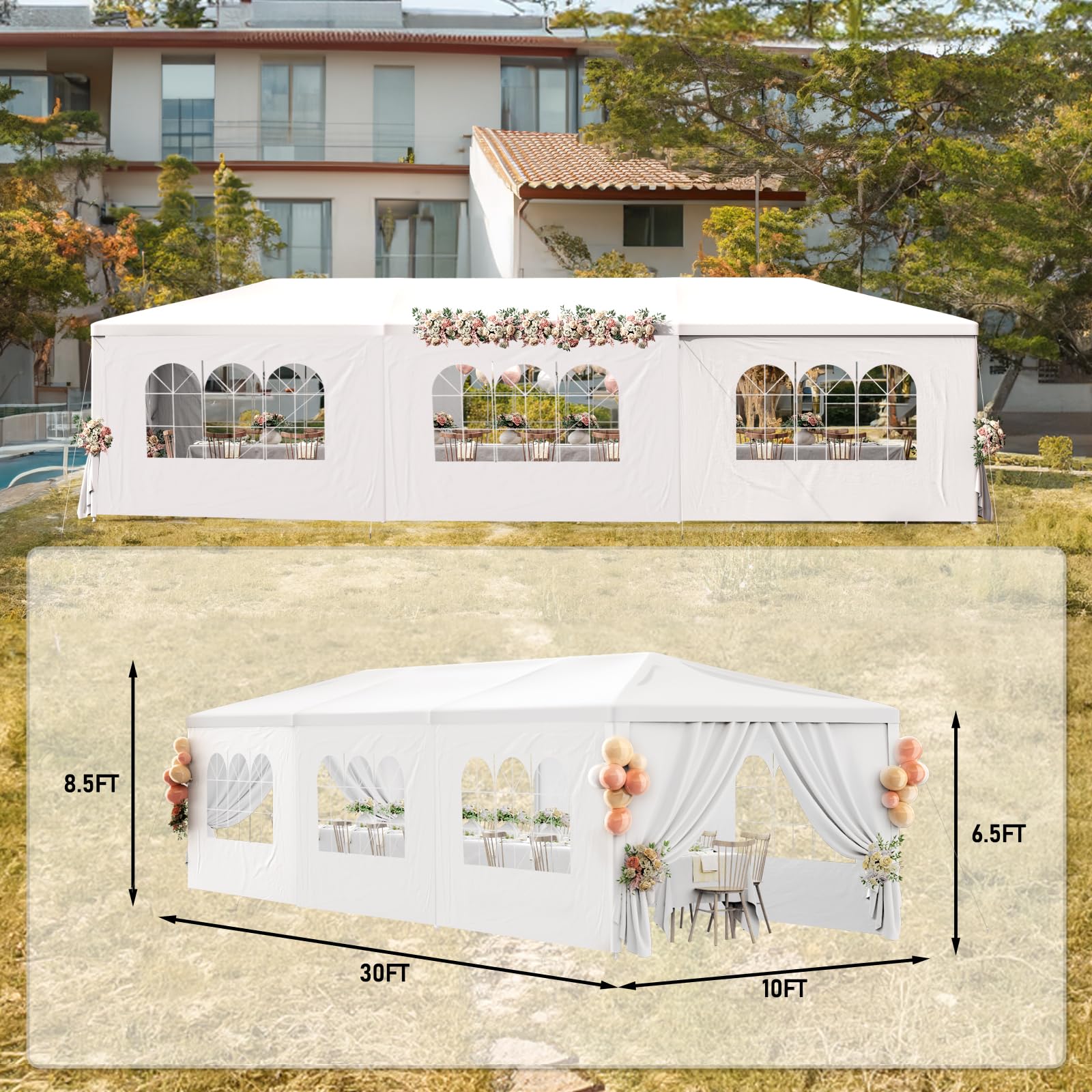 10x30FT White Heavy Duty Waterproof Outdoor Canopy Tent with 8 Removable Sidewalls - Perfect for Weddings, Birthday Parties, Backyard BBQs, Camping & Outdoor Events | Commercial Grade Gazebo Shelter for All Weather Protection