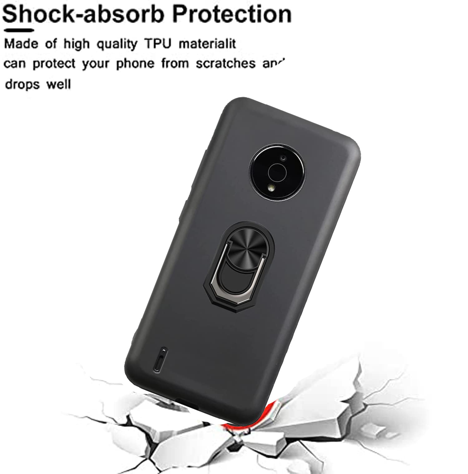 Shockproof Magnetic Phone Case for Nokia C200 - 360° Ring Kickstand, Soft TPU Rubber Cover with Car Mount | Slim Protective Case for Everyday Use, Work & Travel - Black