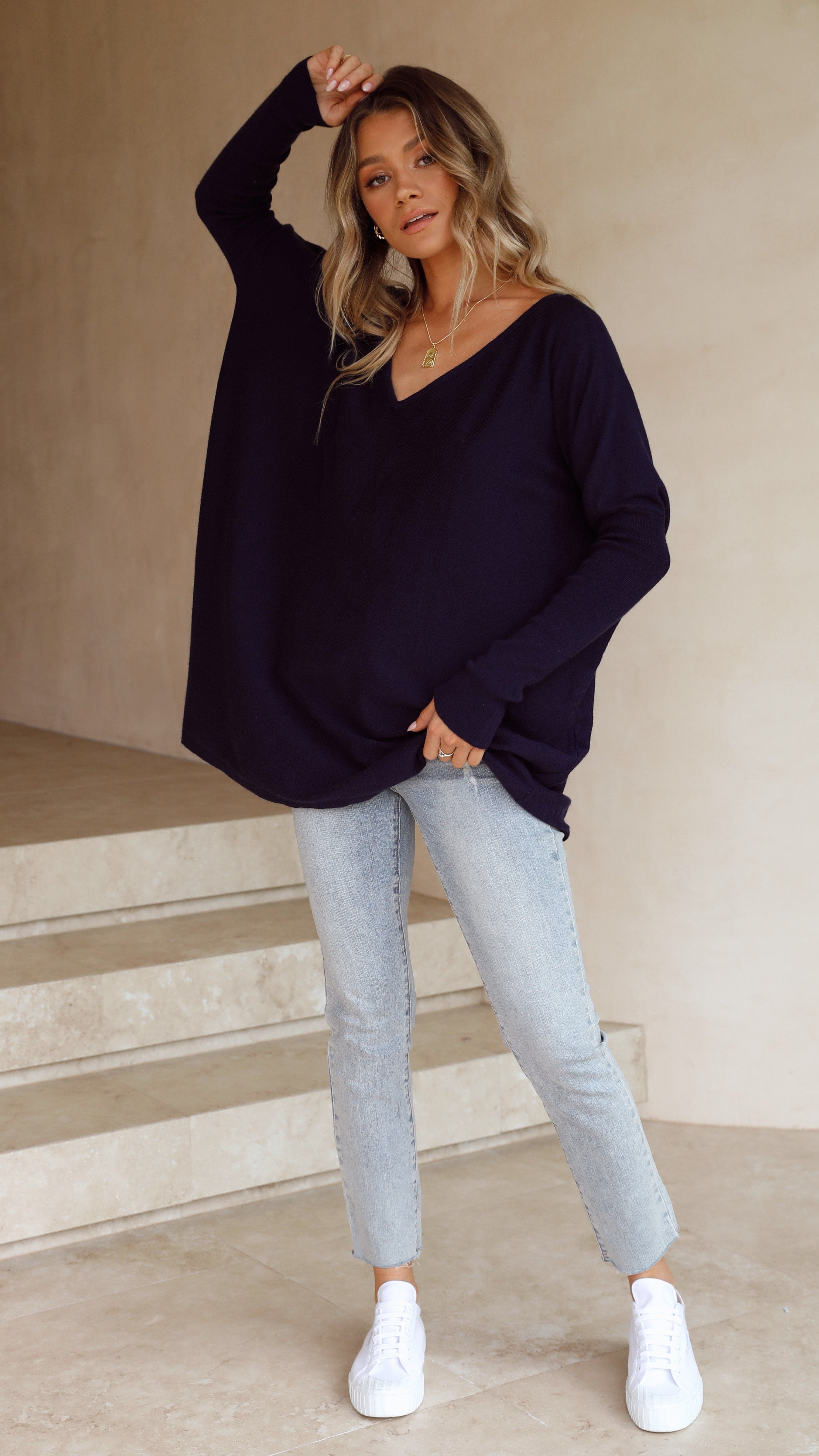 Amalia Knit Top for Women - Soft & Comfortable Navy Blue Crewneck T-Shirt - Perfect for Casual Wear, Layering & Everyday Outfits