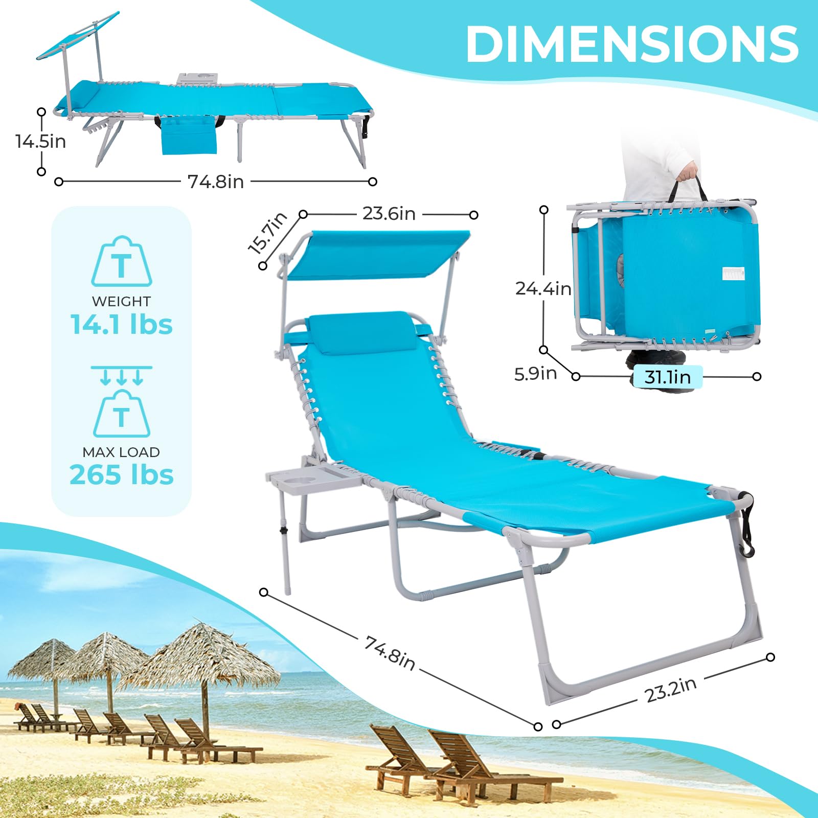 WEJOY Folding Tanning Chair with Face Hole - Adjustable Backrest, Canopy Shade, Side Table & Storage Pocket - Portable Chaise Lounge for Beach, Pool, Patio, Camping & Backyard Sunbathing | Perfect for Relaxing, Reading & Outdoor Lounging