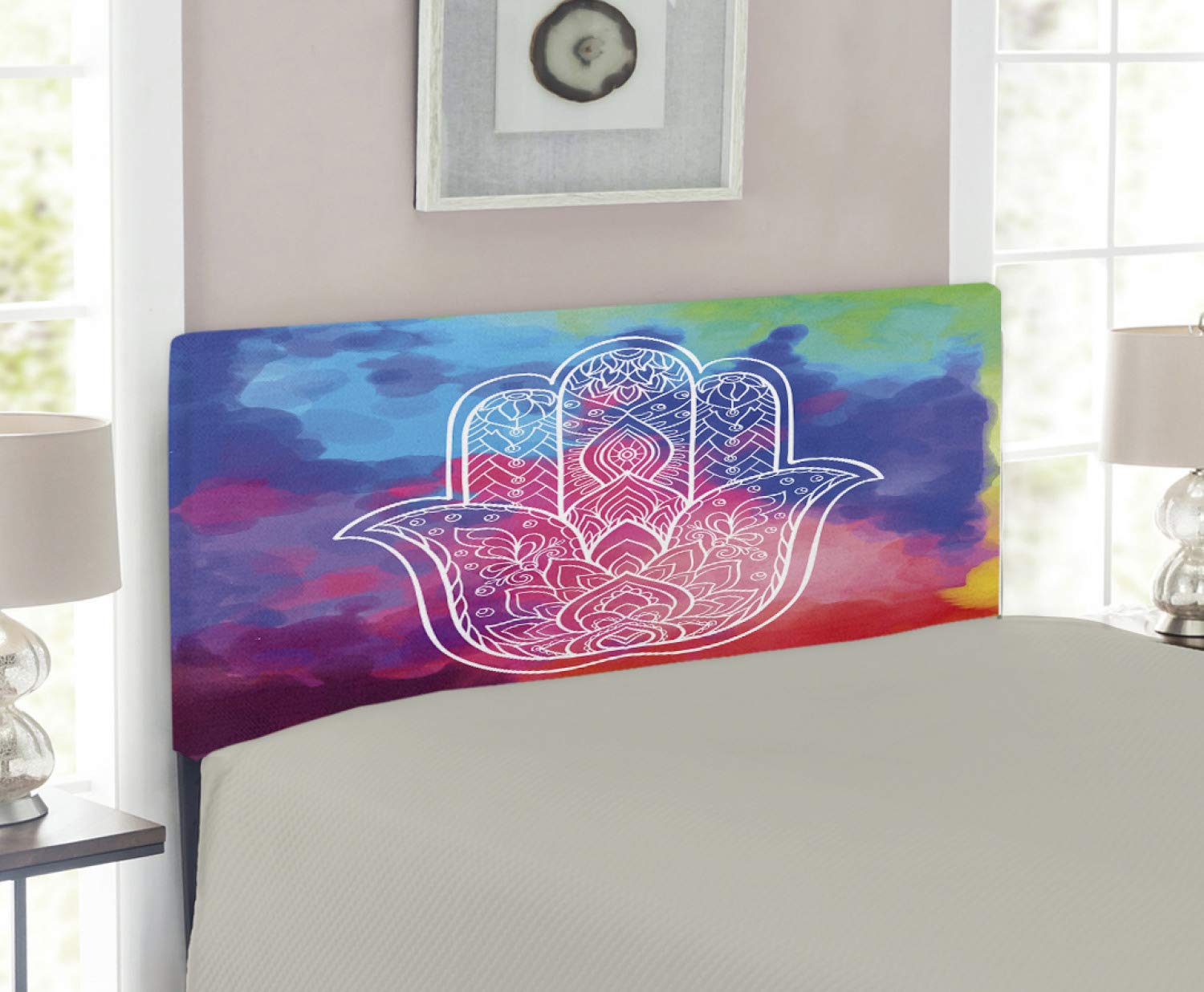 Ambesonne Hamsa Headboard - Colorful Watercolor Design with Hand-Drawn Eastern Mantra & Swirls, Upholstered Metal Bed Headboard with Memory Foam, Twin Size, Multicolor - Perfect for Bohemian & Spiritual Bedroom Decor